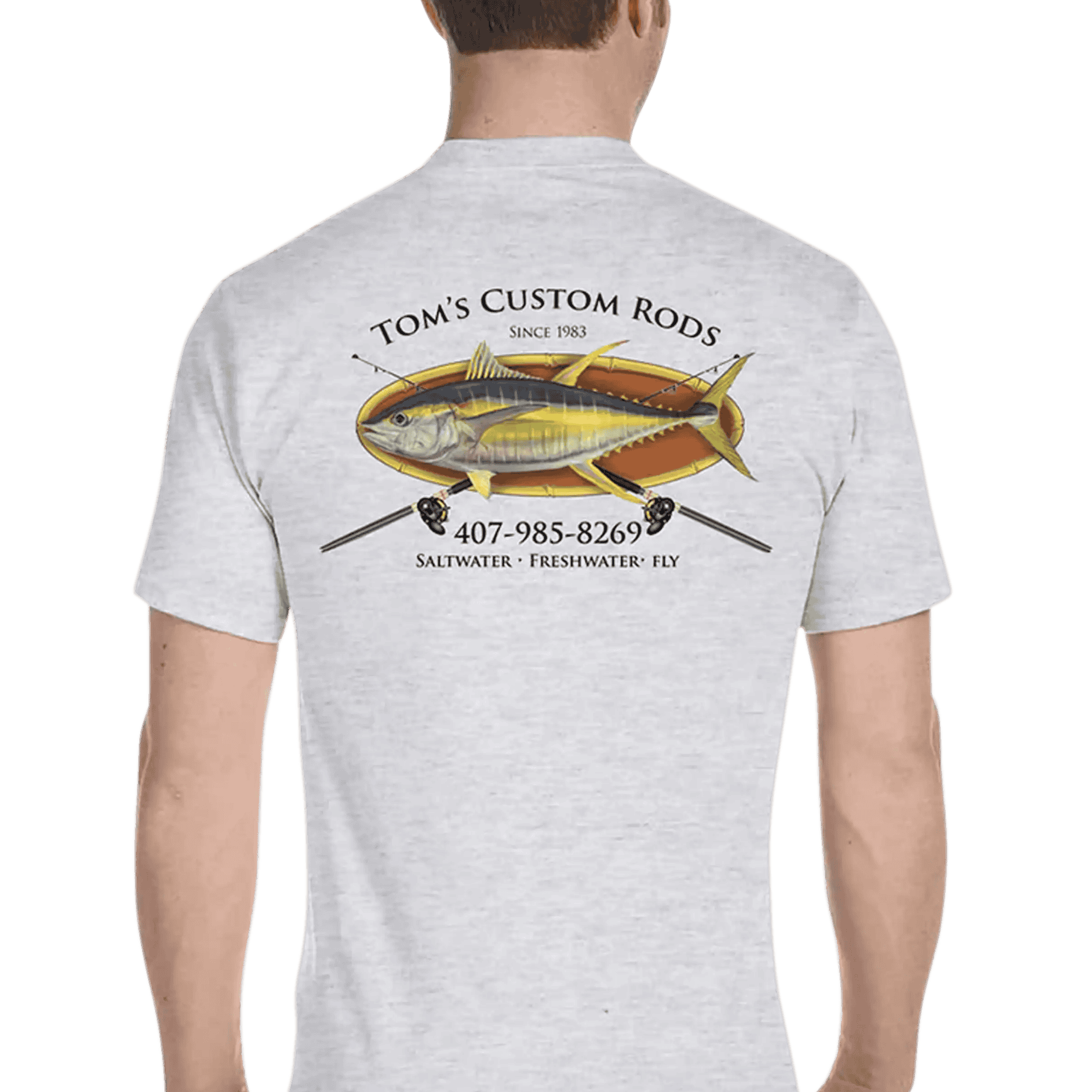 bamboo accessories for offshore fishing Custom T-Shirt: Bamboo Frame with Crossing Rods Ash Gray / Small