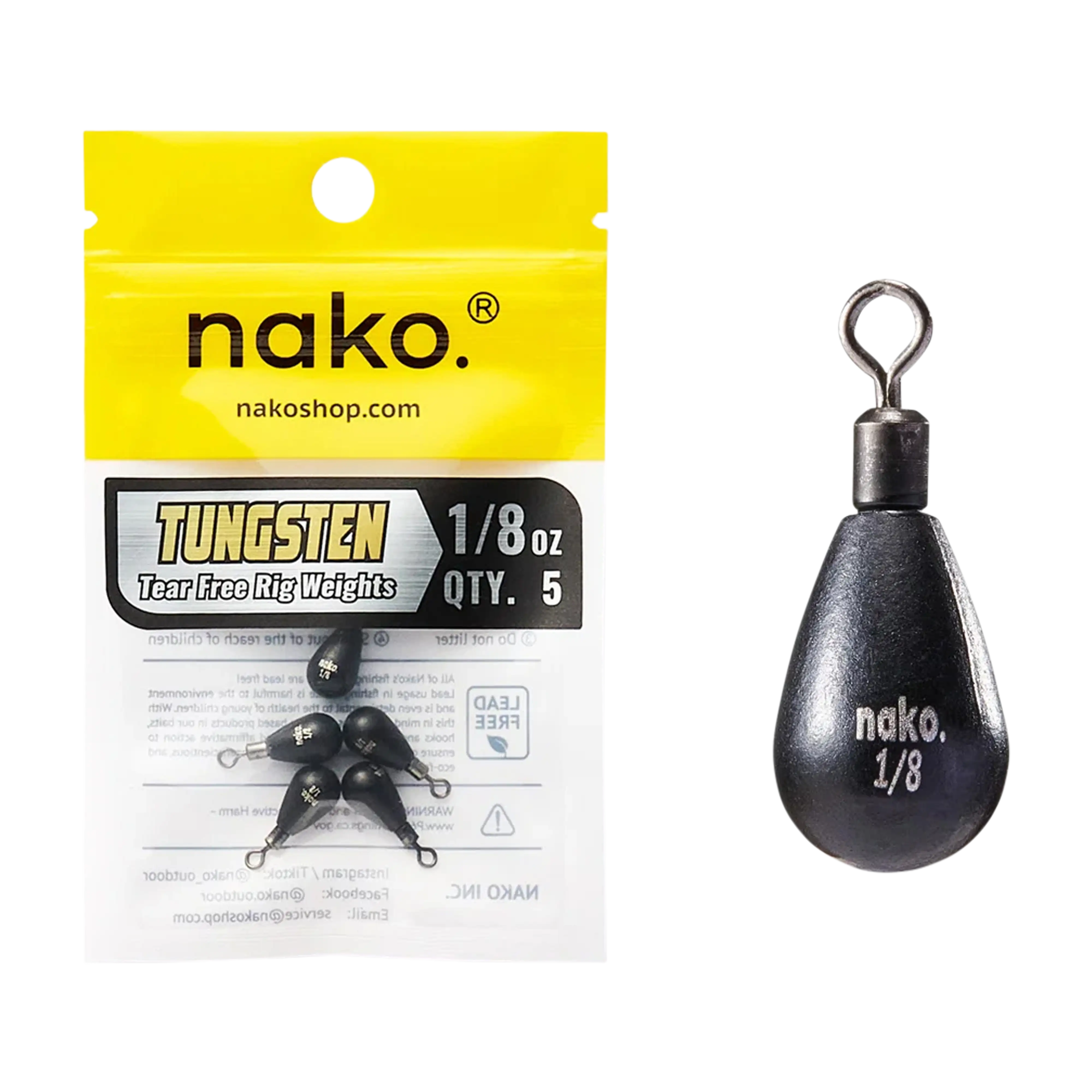 Nako Tungsten Teardrop Free Rig Weights - 5pk