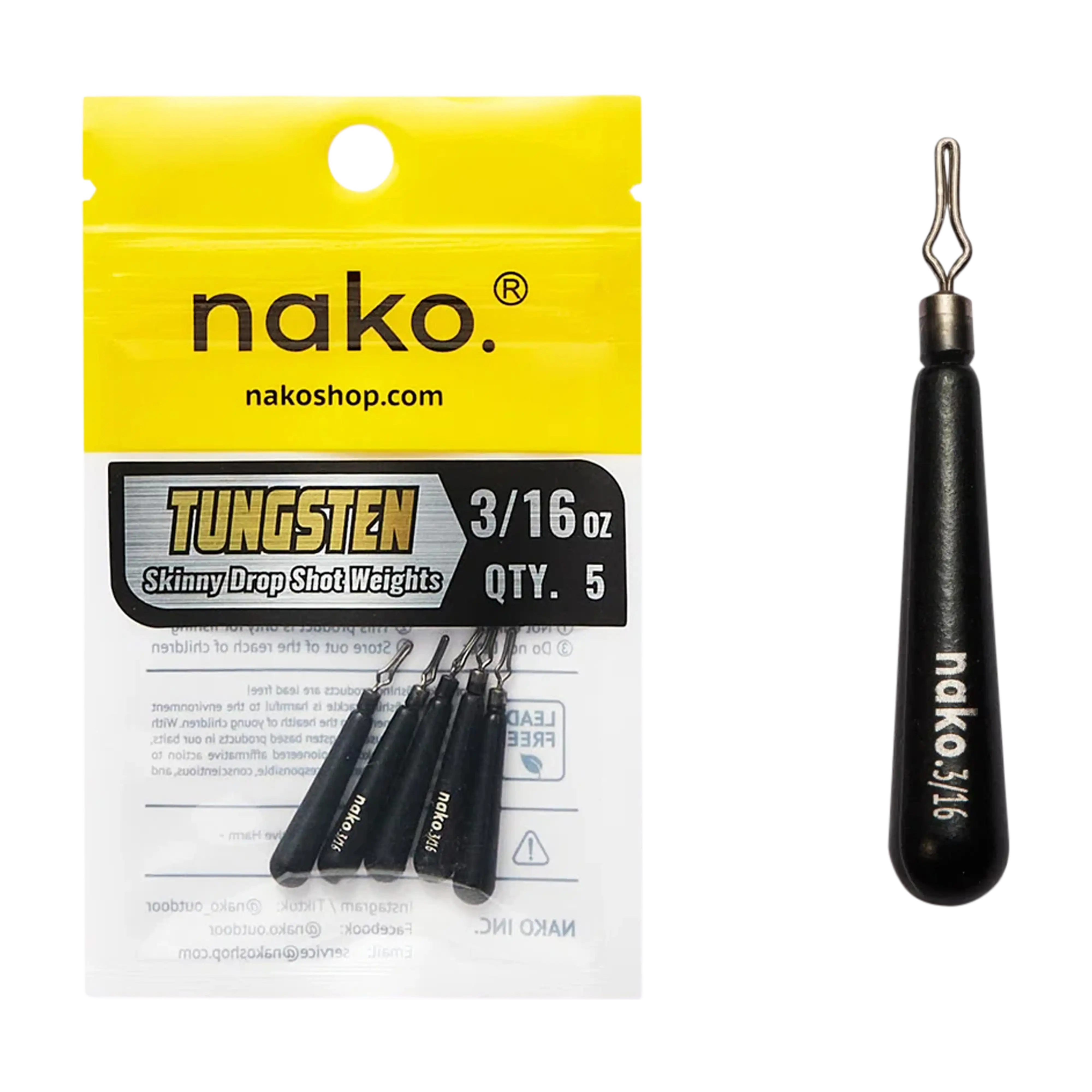 Nako Tungsten Skinny Drop Shot Weights - 5pk