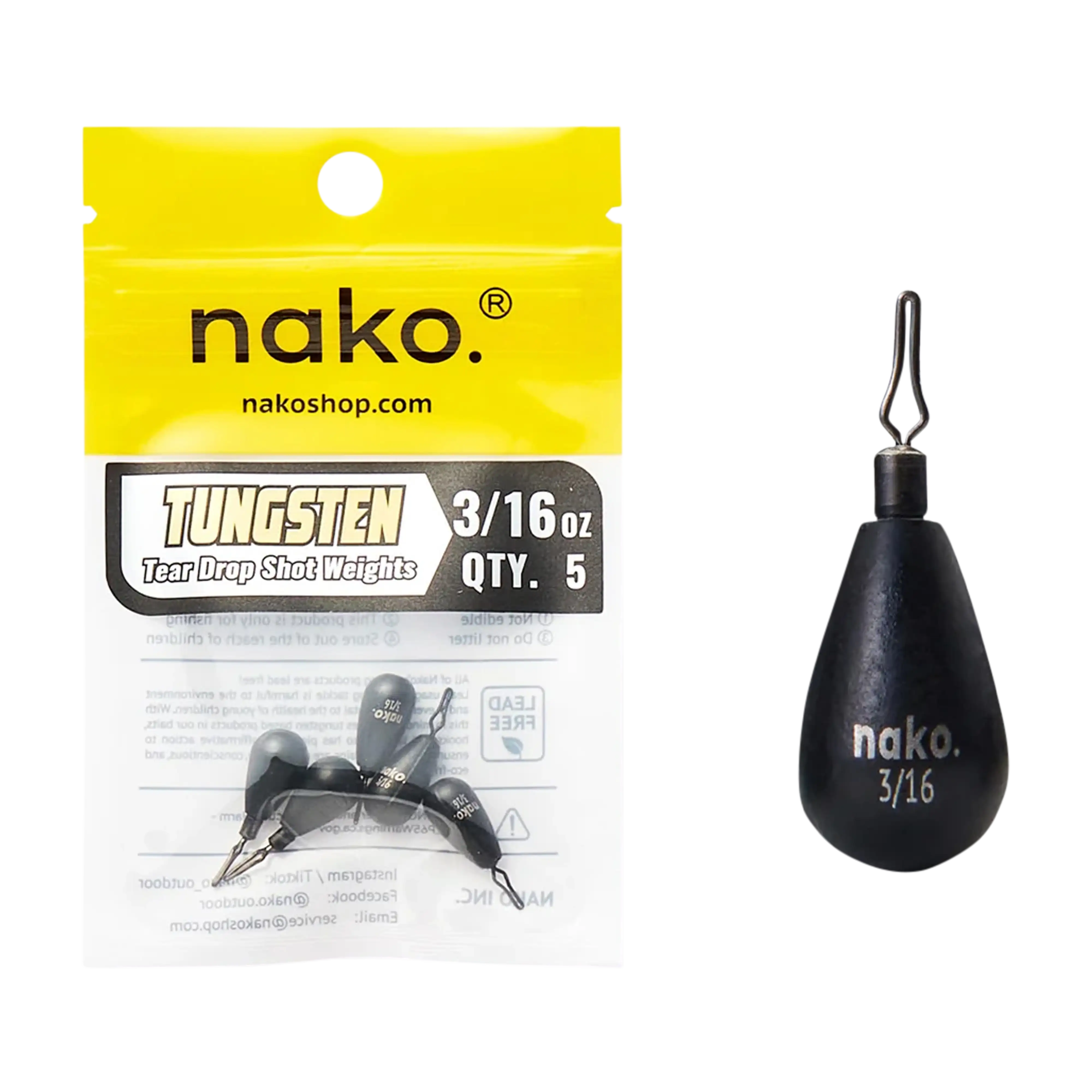 Nako Tungsten Tear Drop Shot Weights - 5pk