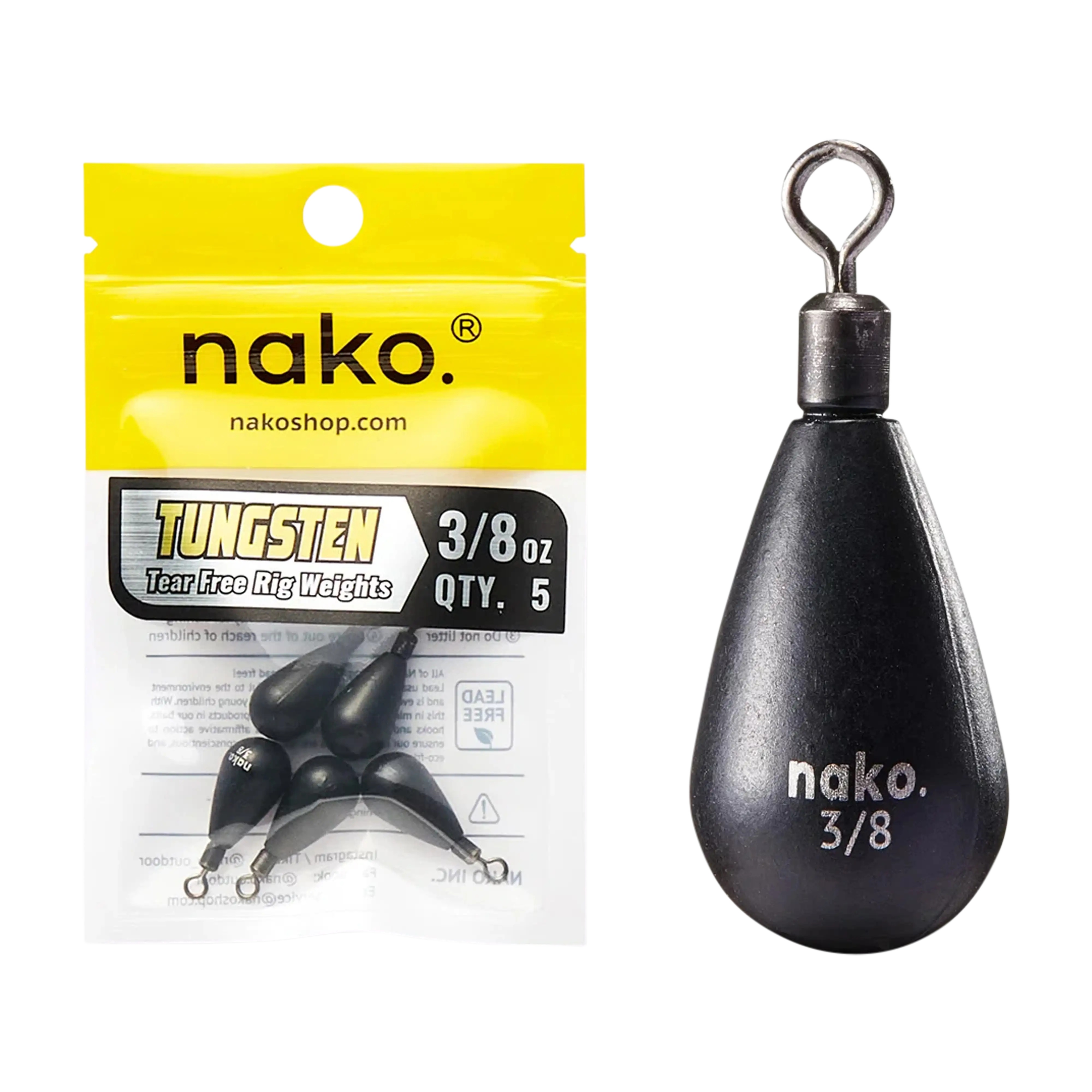 Nako Tungsten Teardrop Free Rig Weights - 5pk