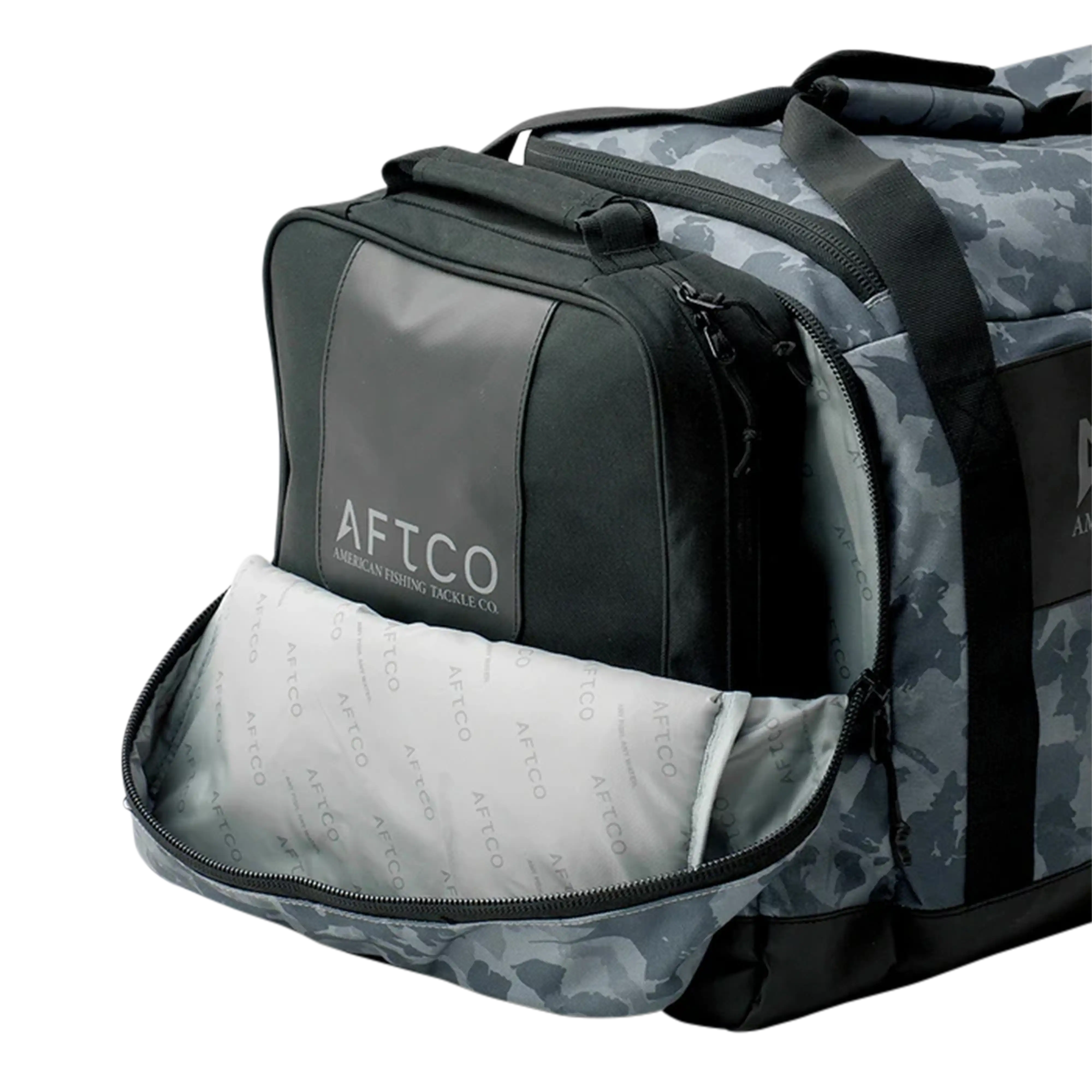 Aftco 50 liter boat bag navy grander camo back side zippered compartment
