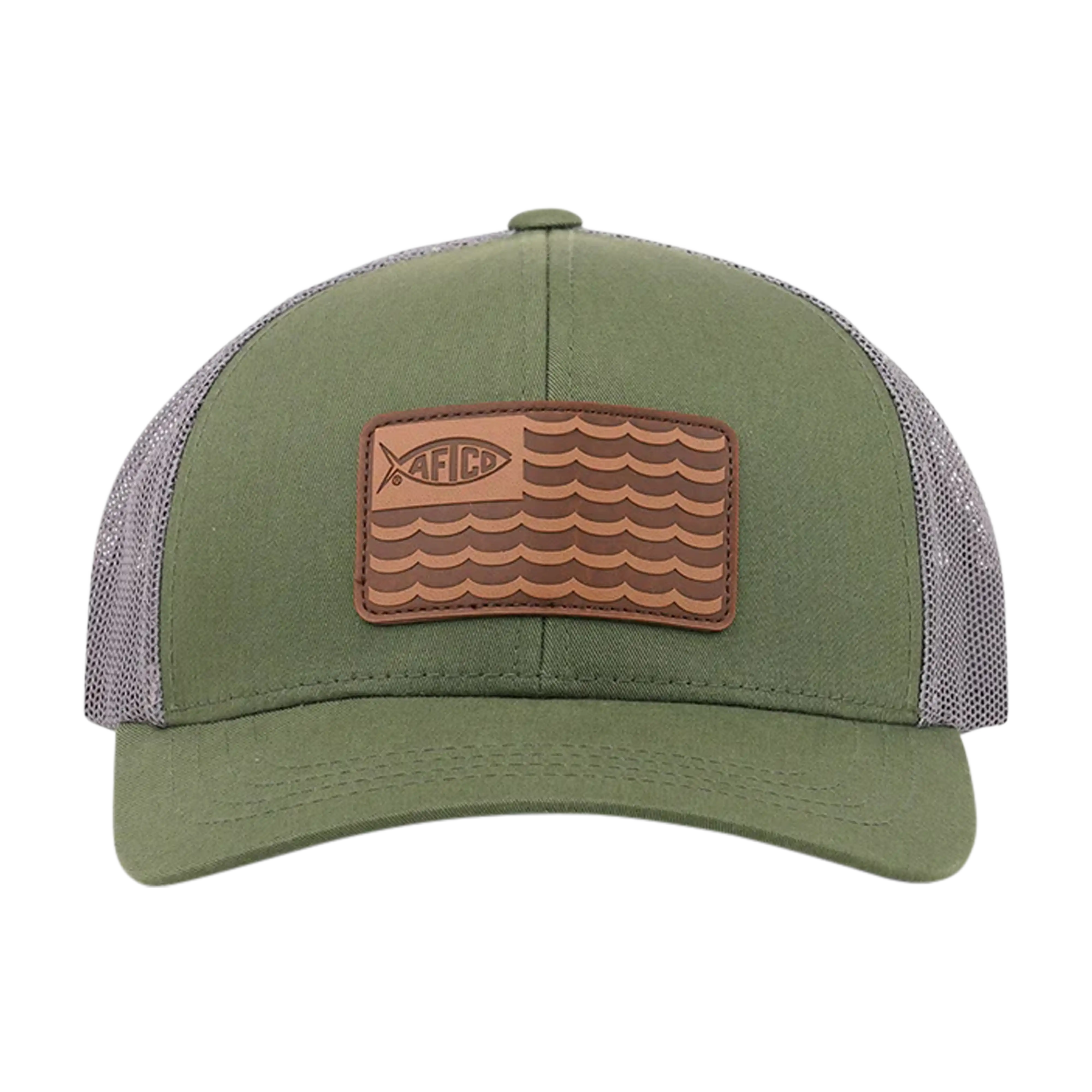 AFTCO Canton leather patch trucker hat in Olive - front