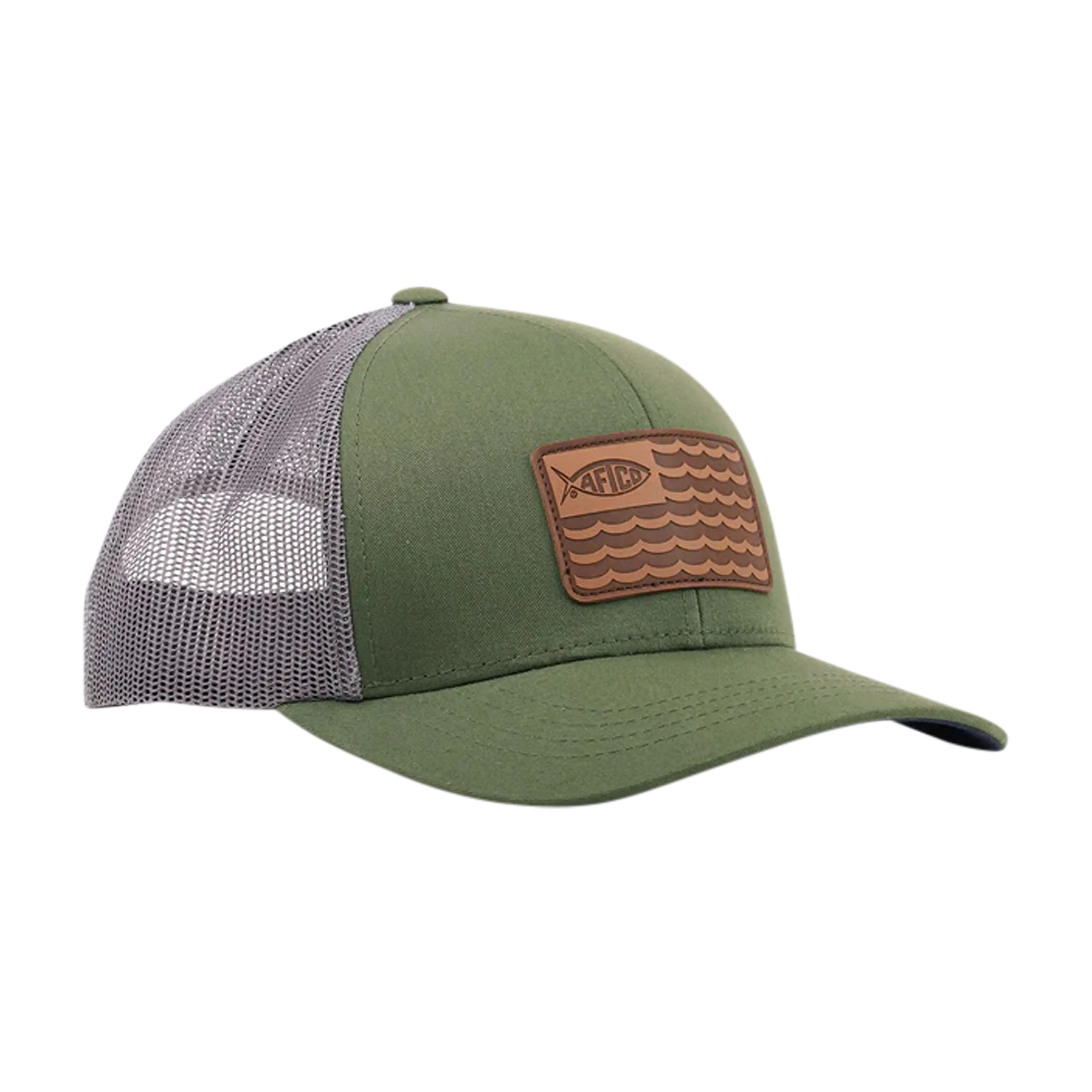 AFTCO Canton leather patch trucker hat in Olive - side