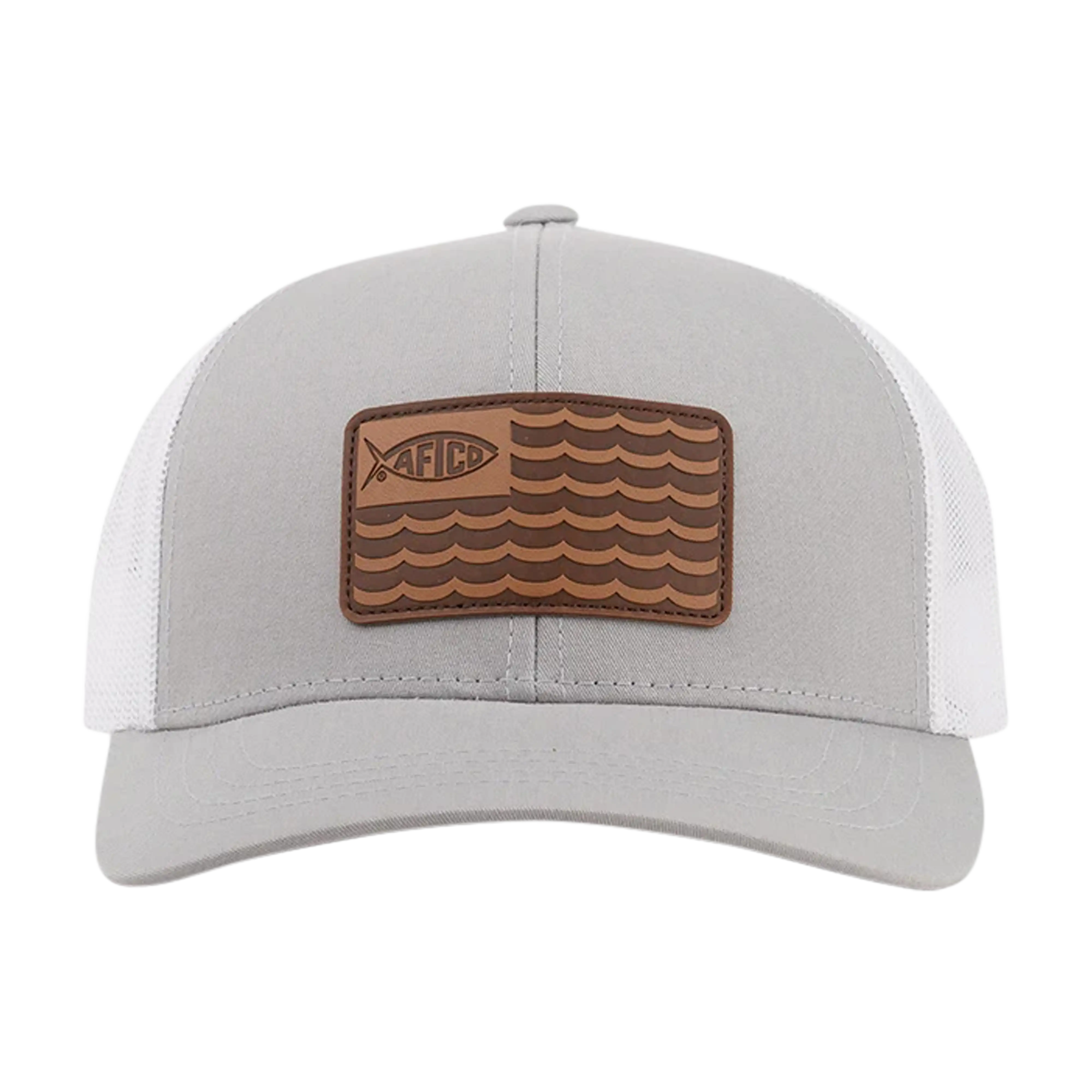 AFTCO Canton leather patch trucker hat in Silver - front