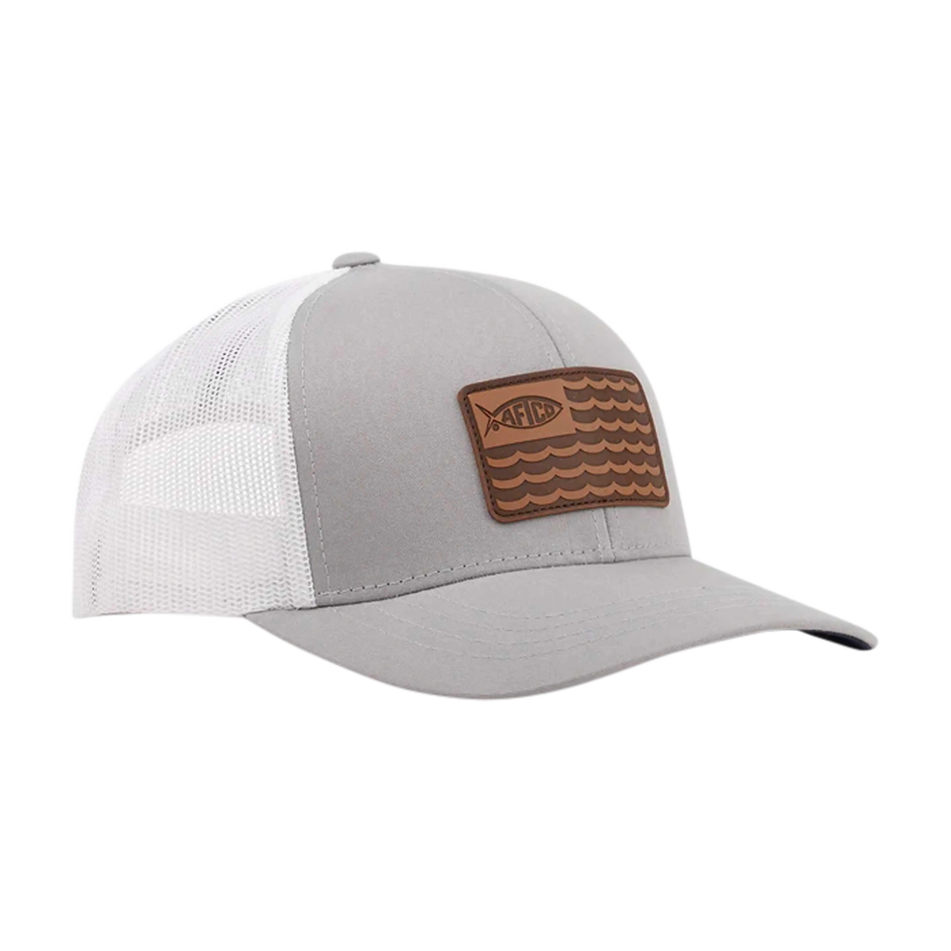 AFTCO Canton leather patch trucker hat in Silver - side