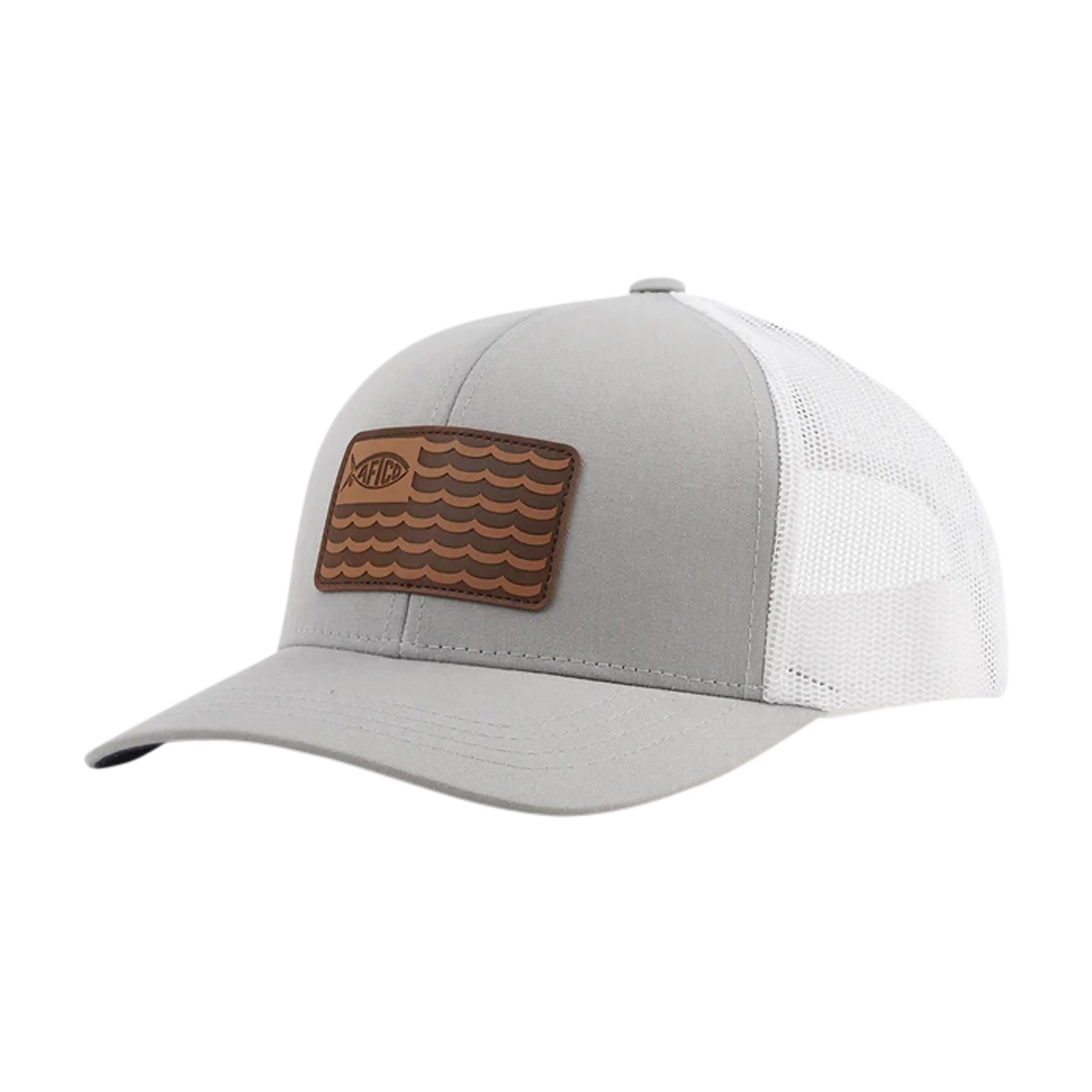 AFTCO Canton leather patch trucker hat in Silver