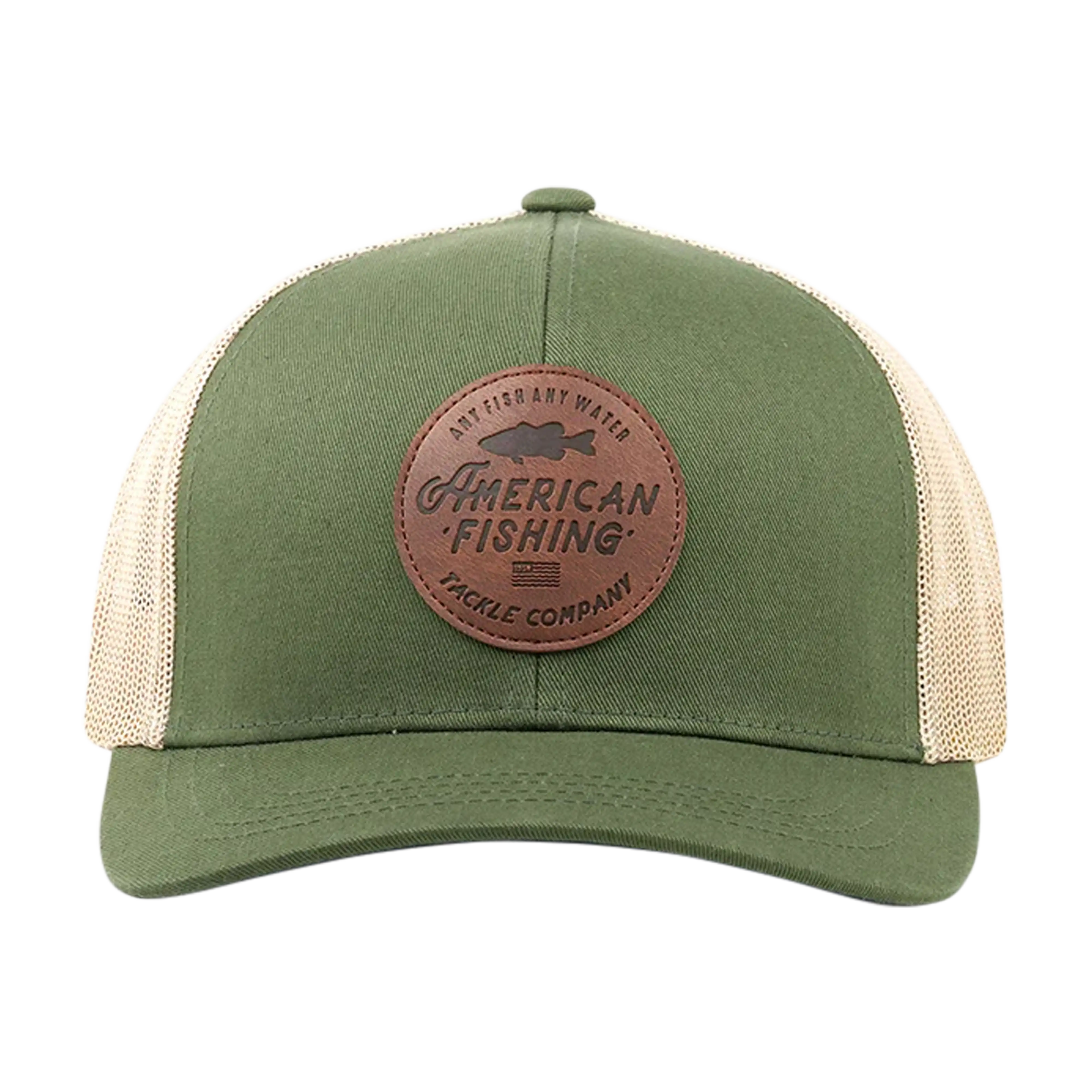 AFTCO Lemonade leather trucker hat in Olive - front