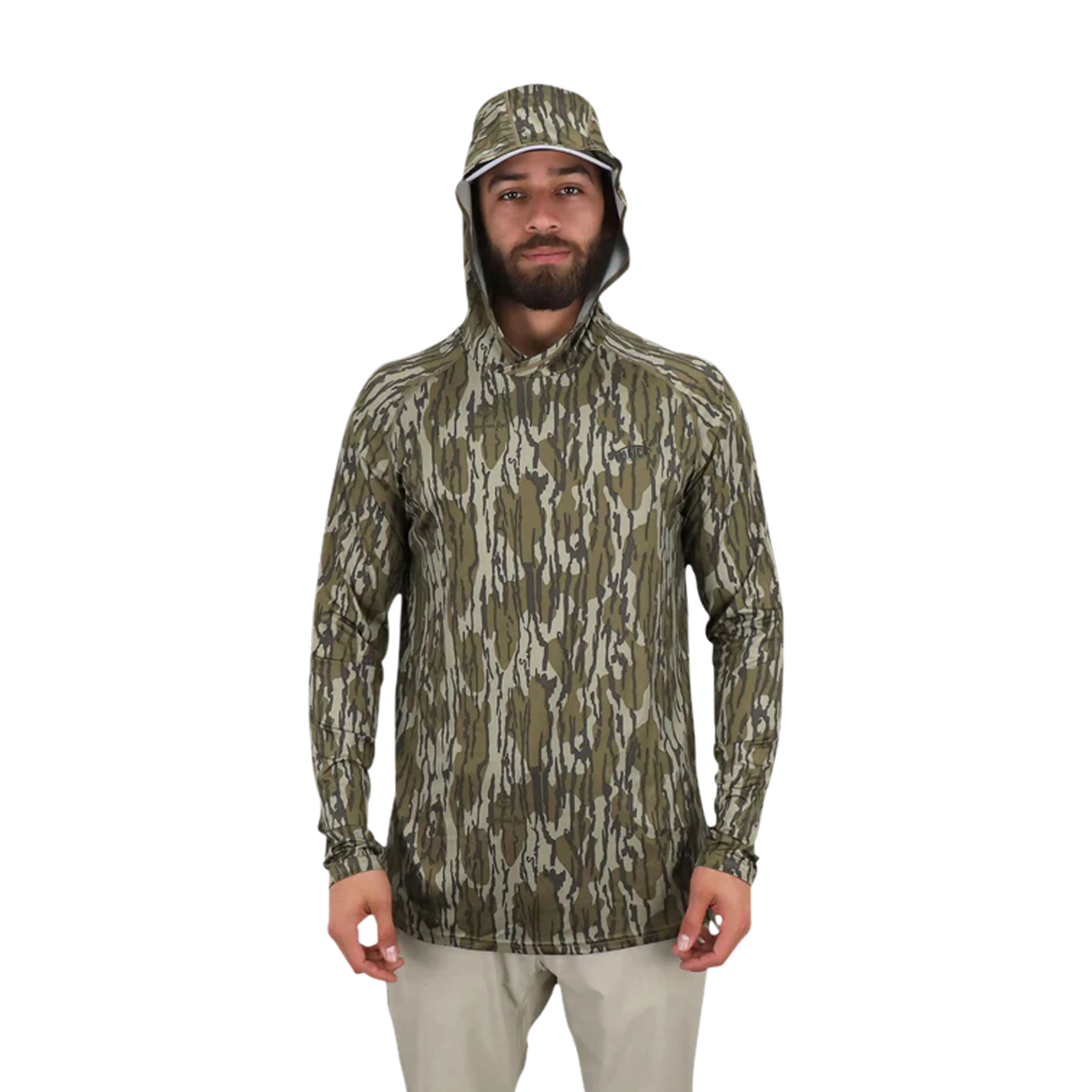 AFTCO Mossy Oak Camo performance hood.- front
