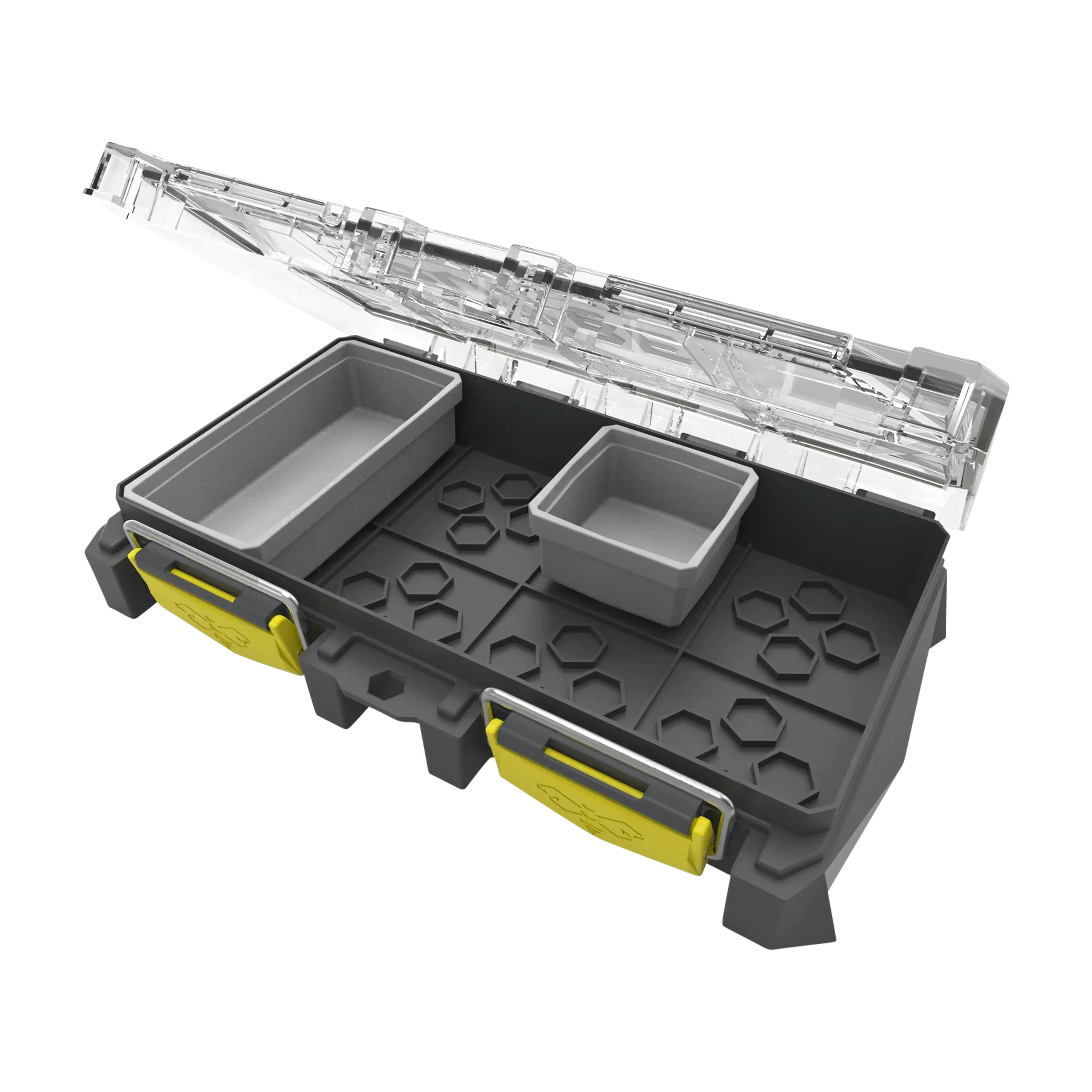 Buzbe Colony 8t thin modular tackle box open with a few trays