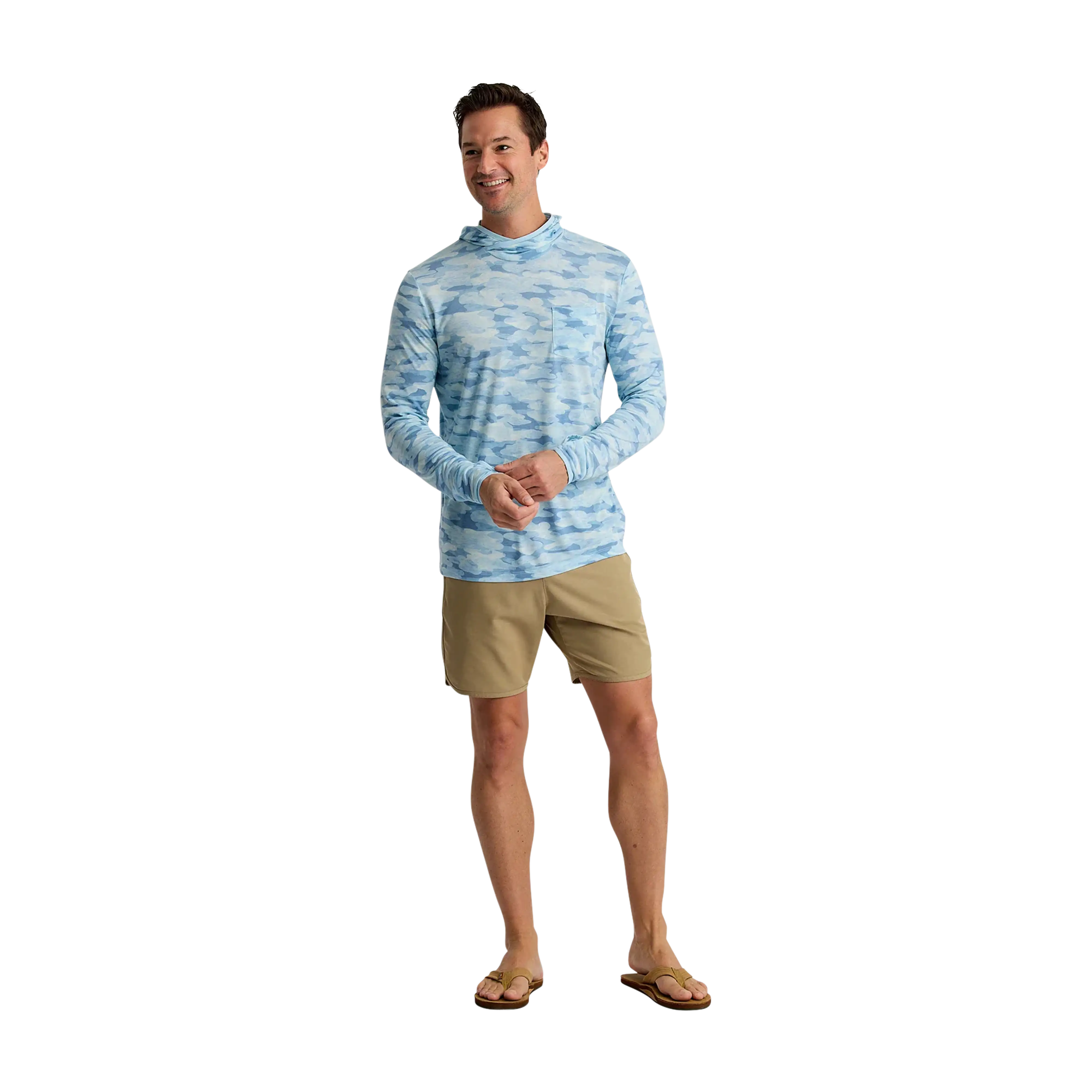 Free Fly Men's Bamboo Lightweight hoodie in Seasmoke Camo Surf Blue - model