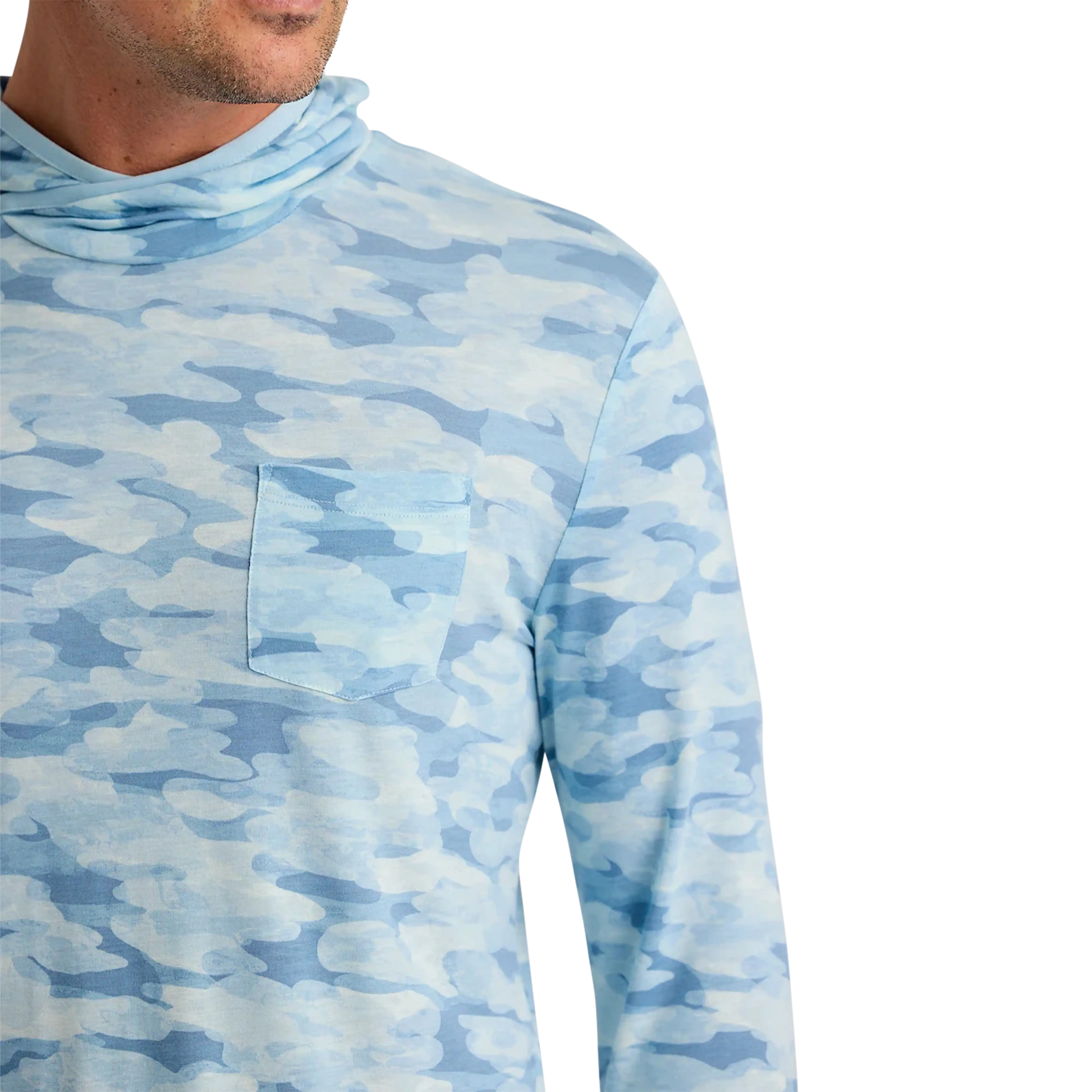 Free Fly Men's Bamboo Lightweight hoodie in Seasmoke Camo Surf Blue - pocket