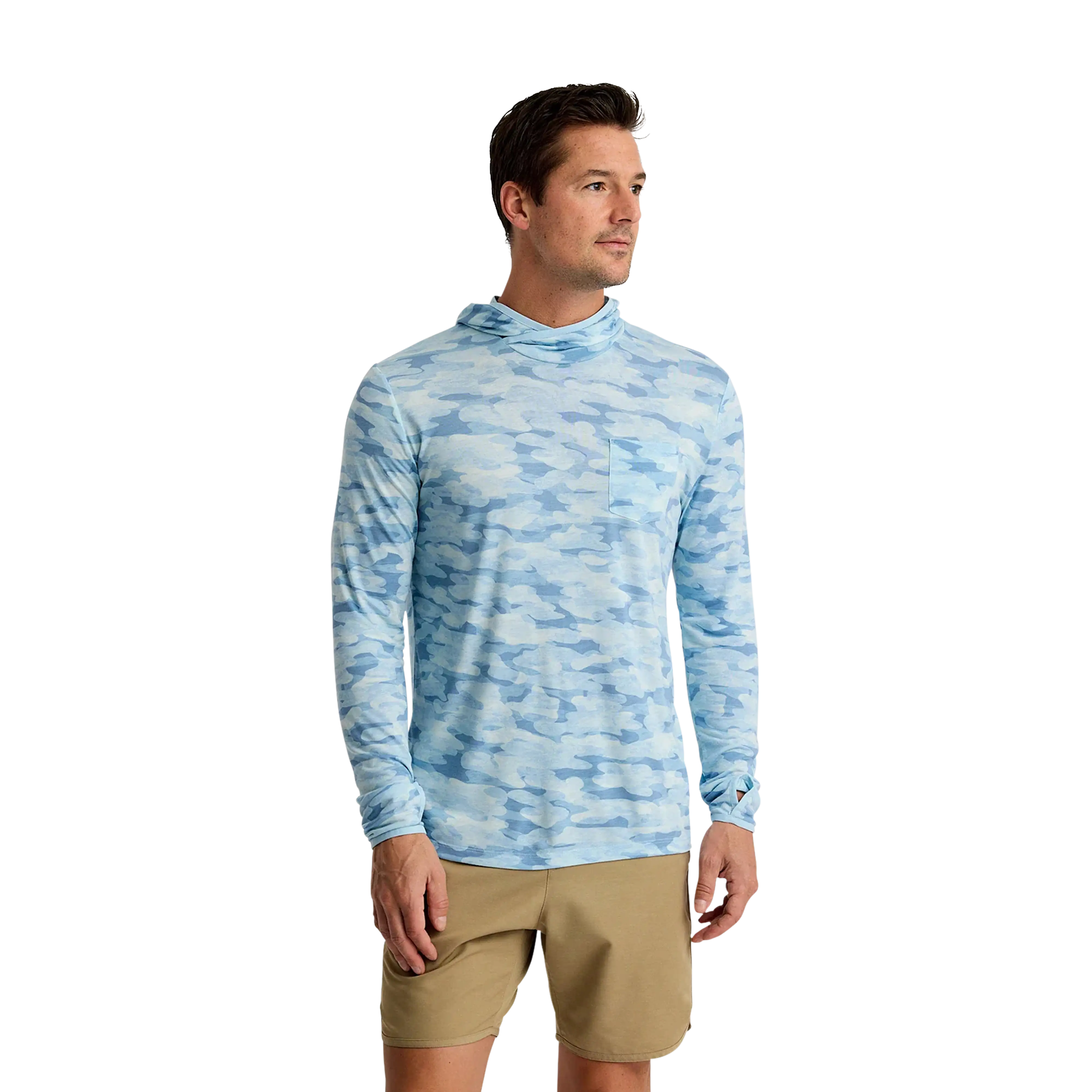 Free Fly Men's Bamboo Lightweight hoodie in Seasmoke Camo Surf Blue
