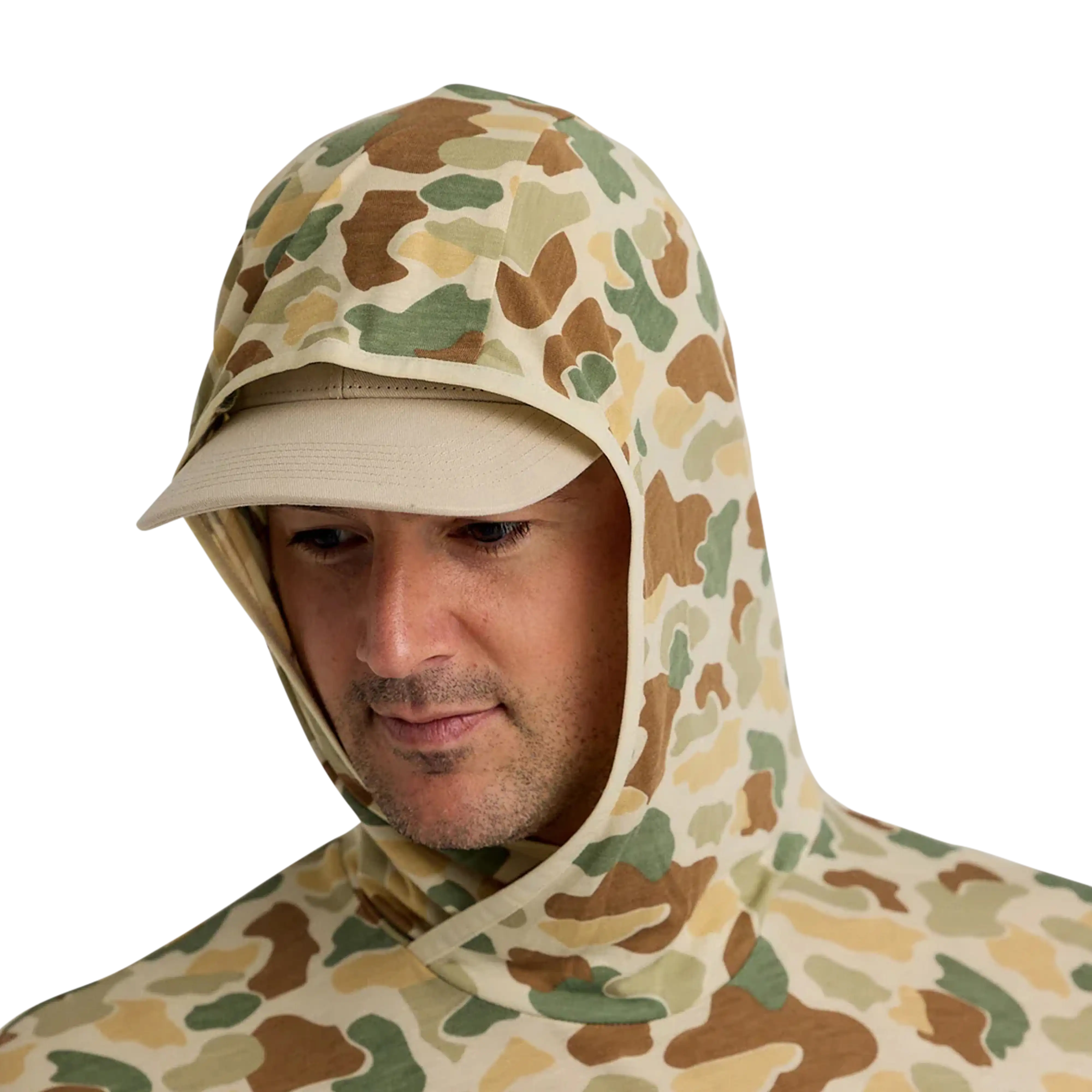 Free Fly Men's Bamboo Lightweight hoodie in Vintage Camo - hood