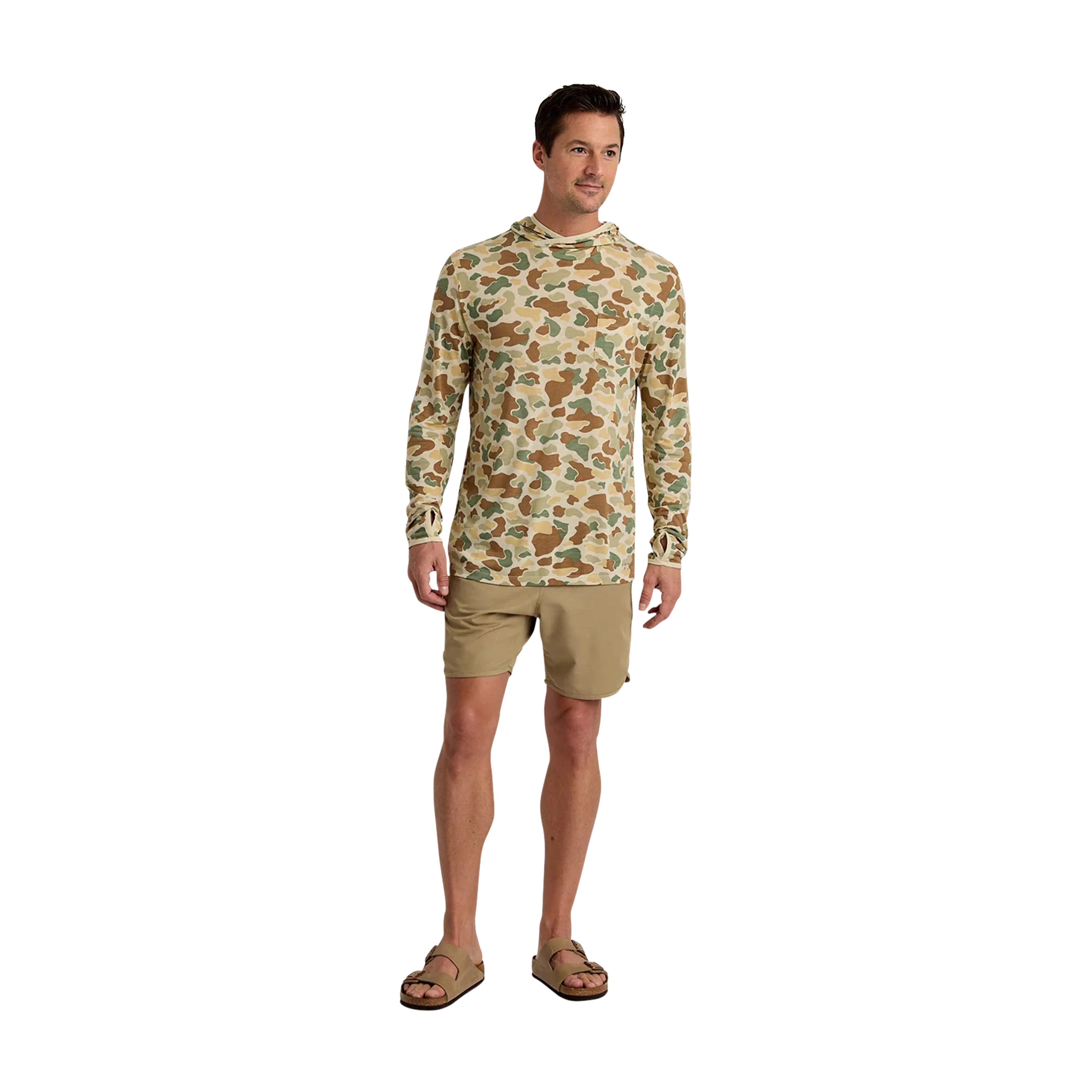 Free Fly Men's Bamboo Lightweight hoodie in Vintage Camo - model