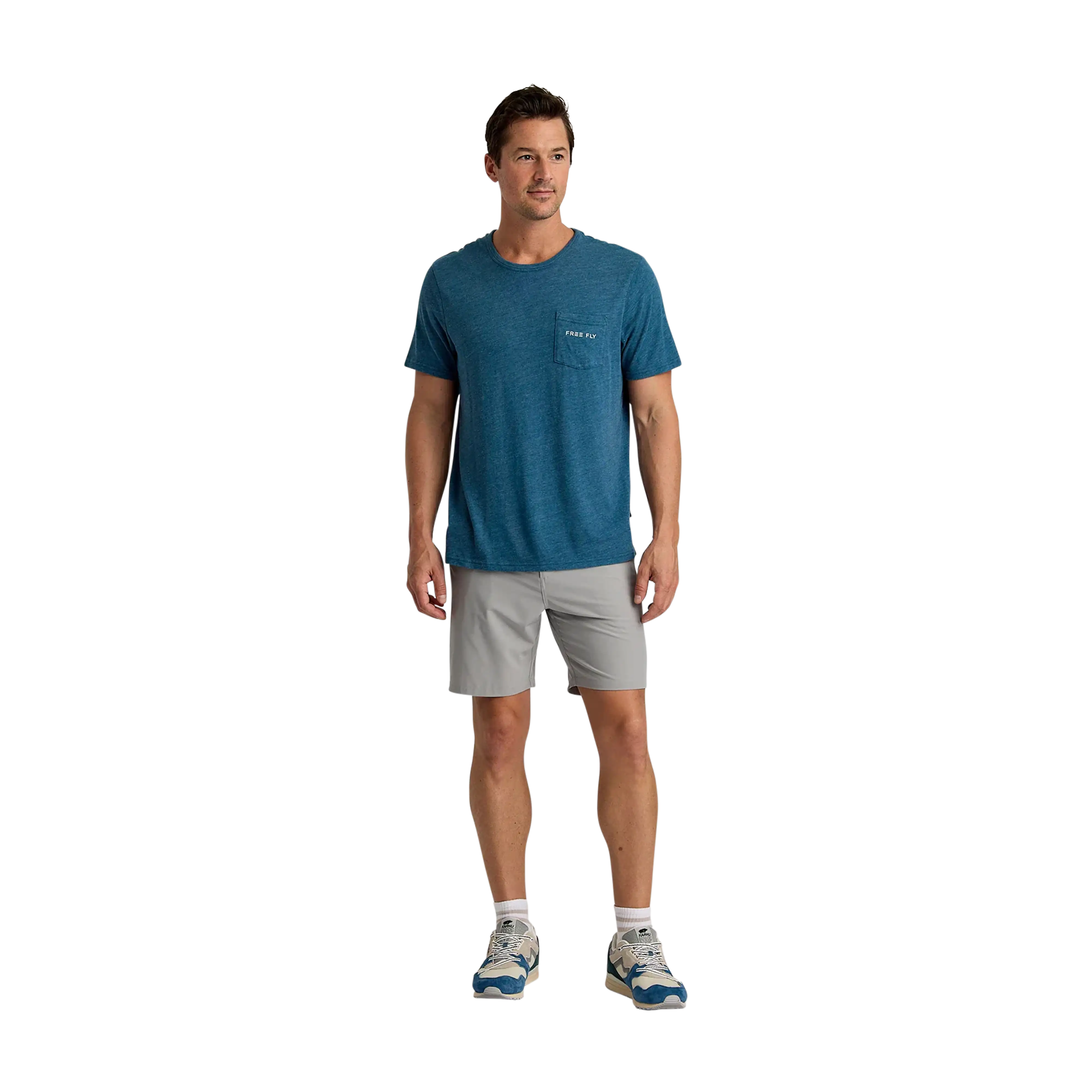 Free Fly Salt Sun pocket tee in Heather Legion Blue - model
