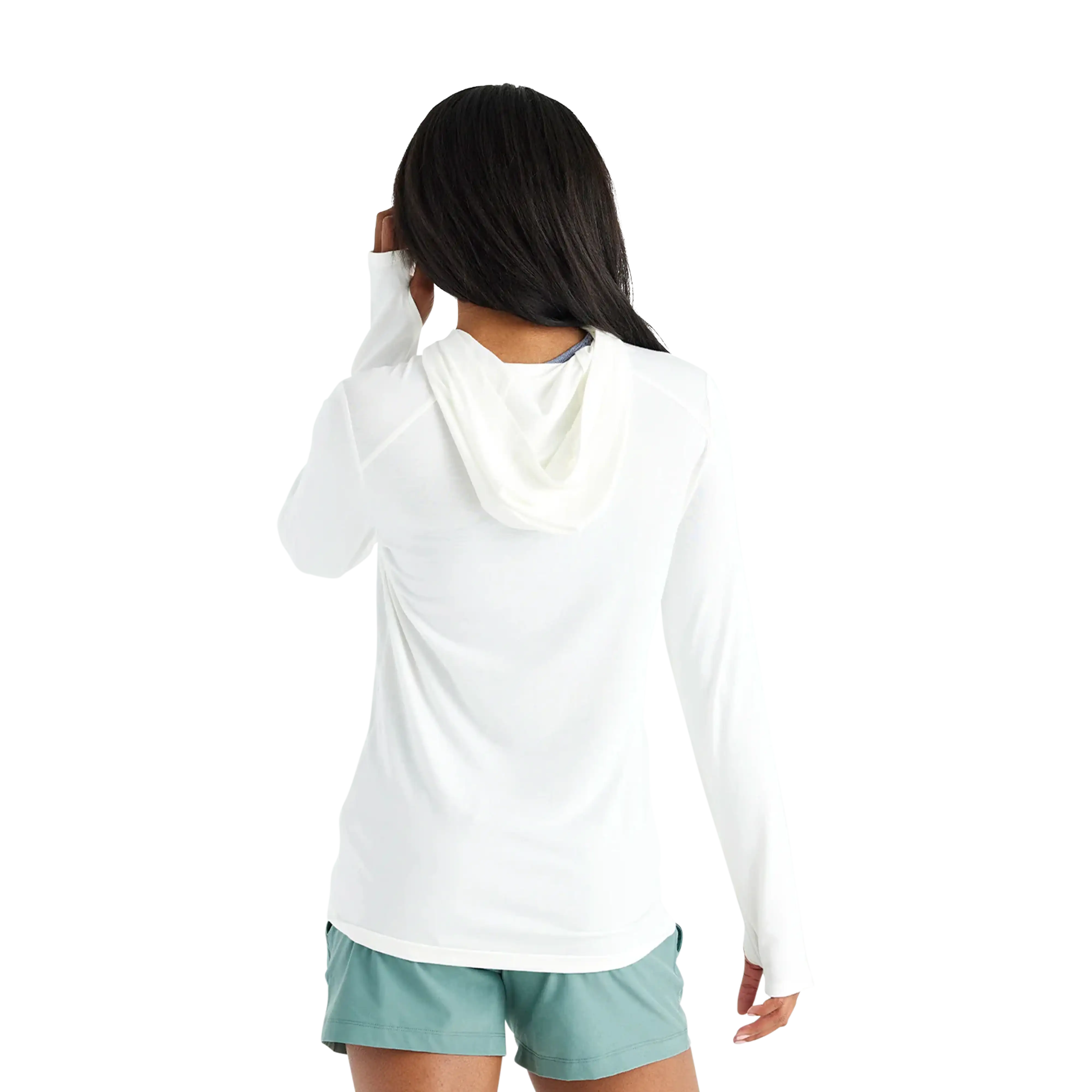 Free Fly Women's Bamboo Shade hoodie in Bright White Hood - back