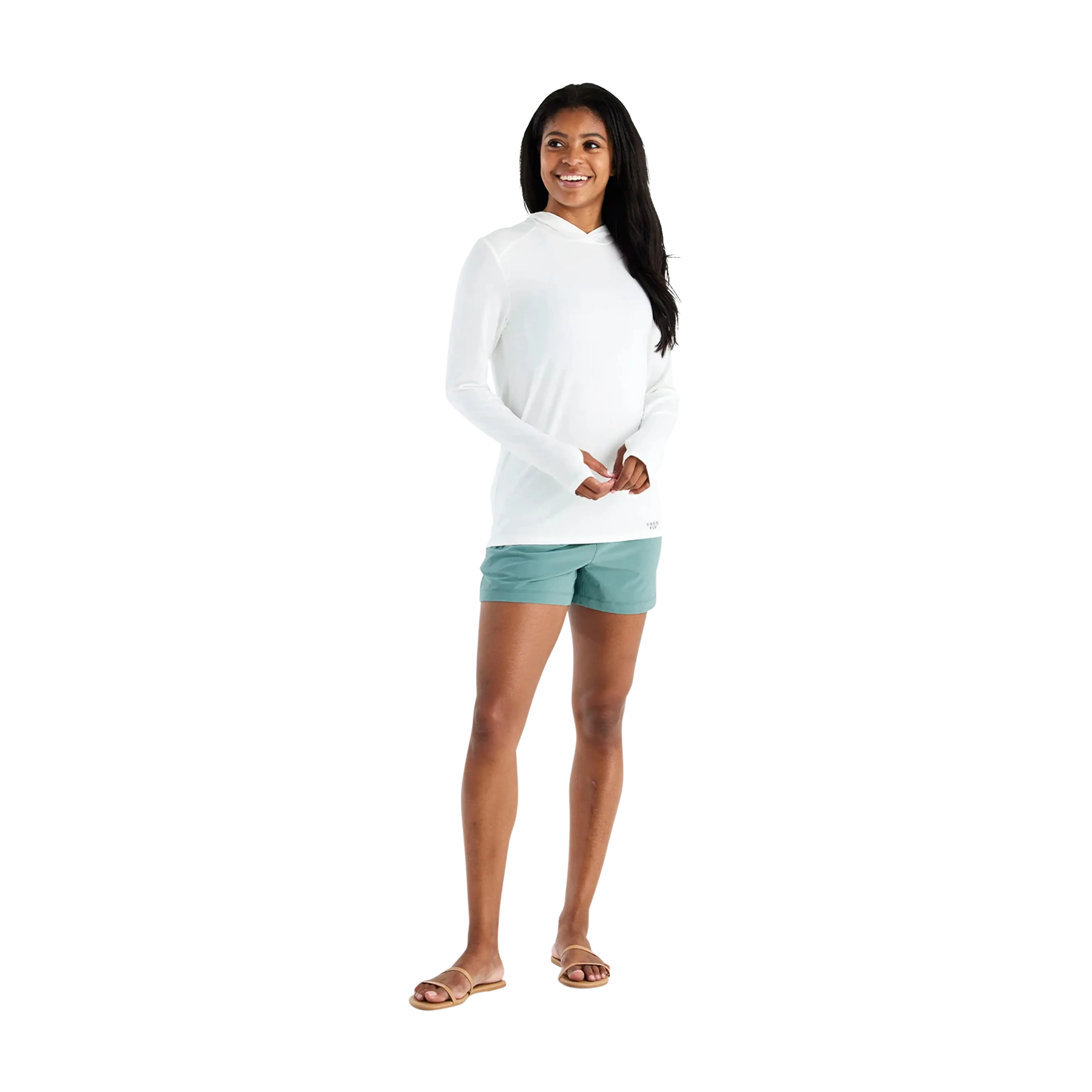Free Fly Women's Bamboo Shade hoodie in Bright White Hood - model
