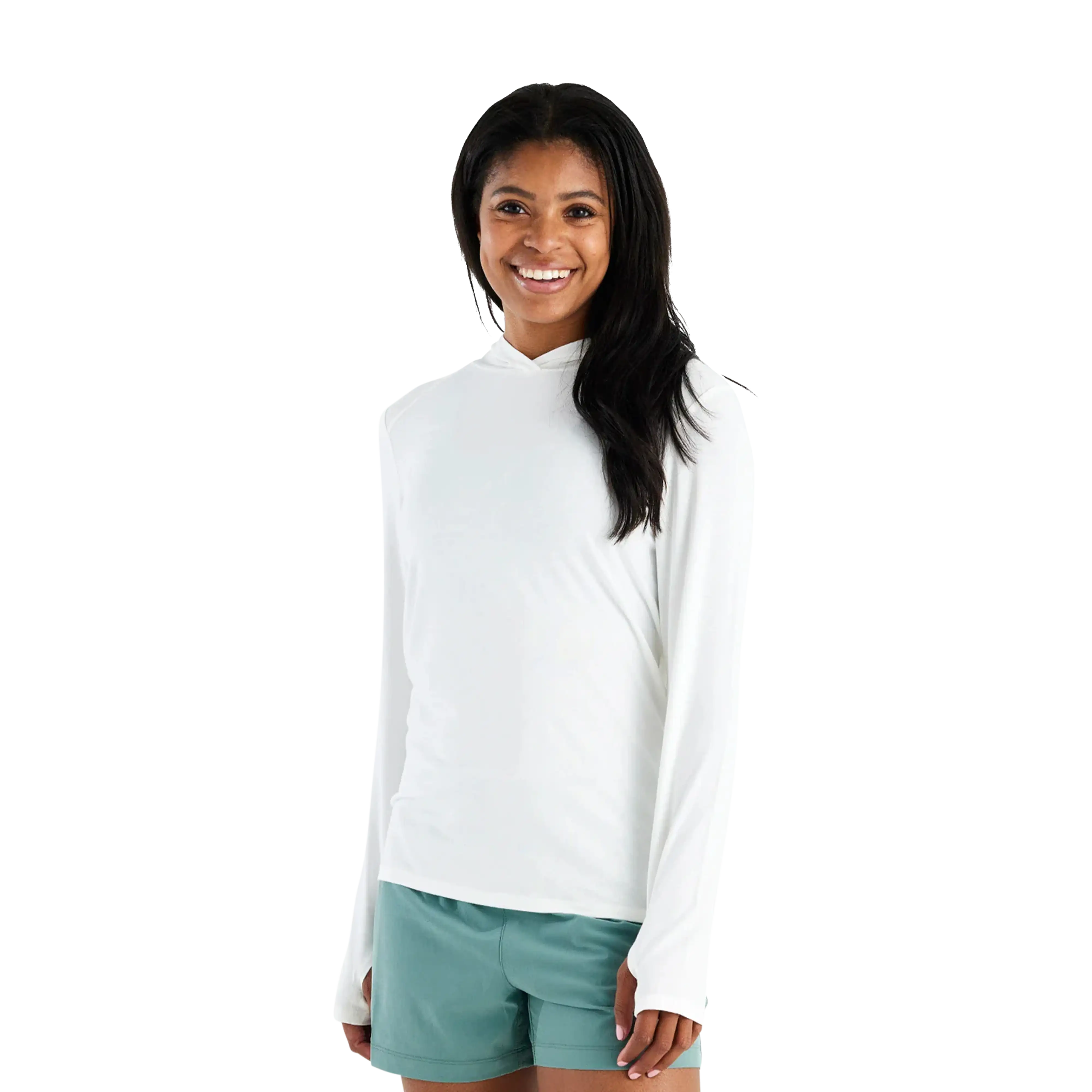 Free Fly Women's Bamboo Shade hoodie in Bright White Hood - front