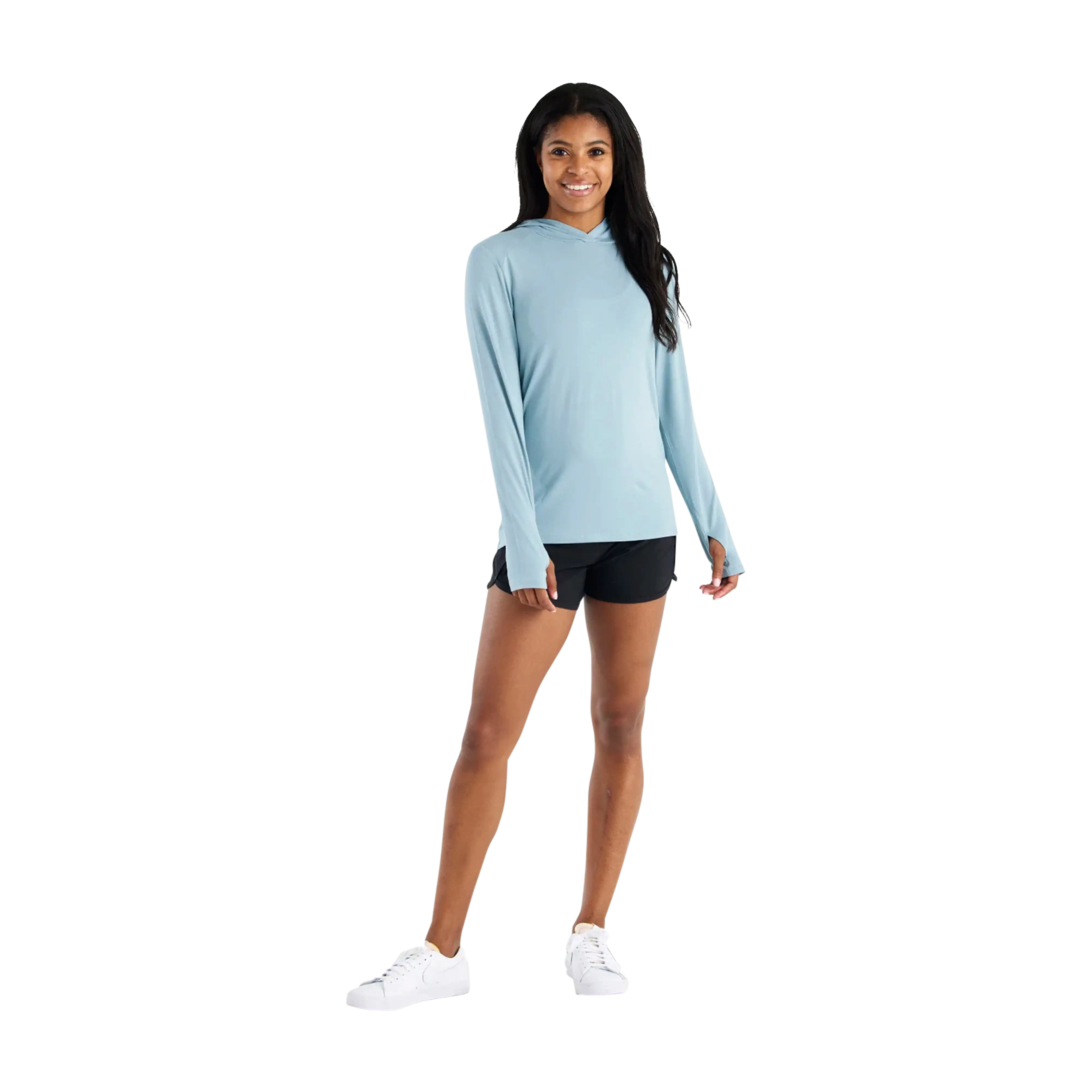 Free Fly Women's Bamboo Shade hoodie in Ocean Mist Hood - model