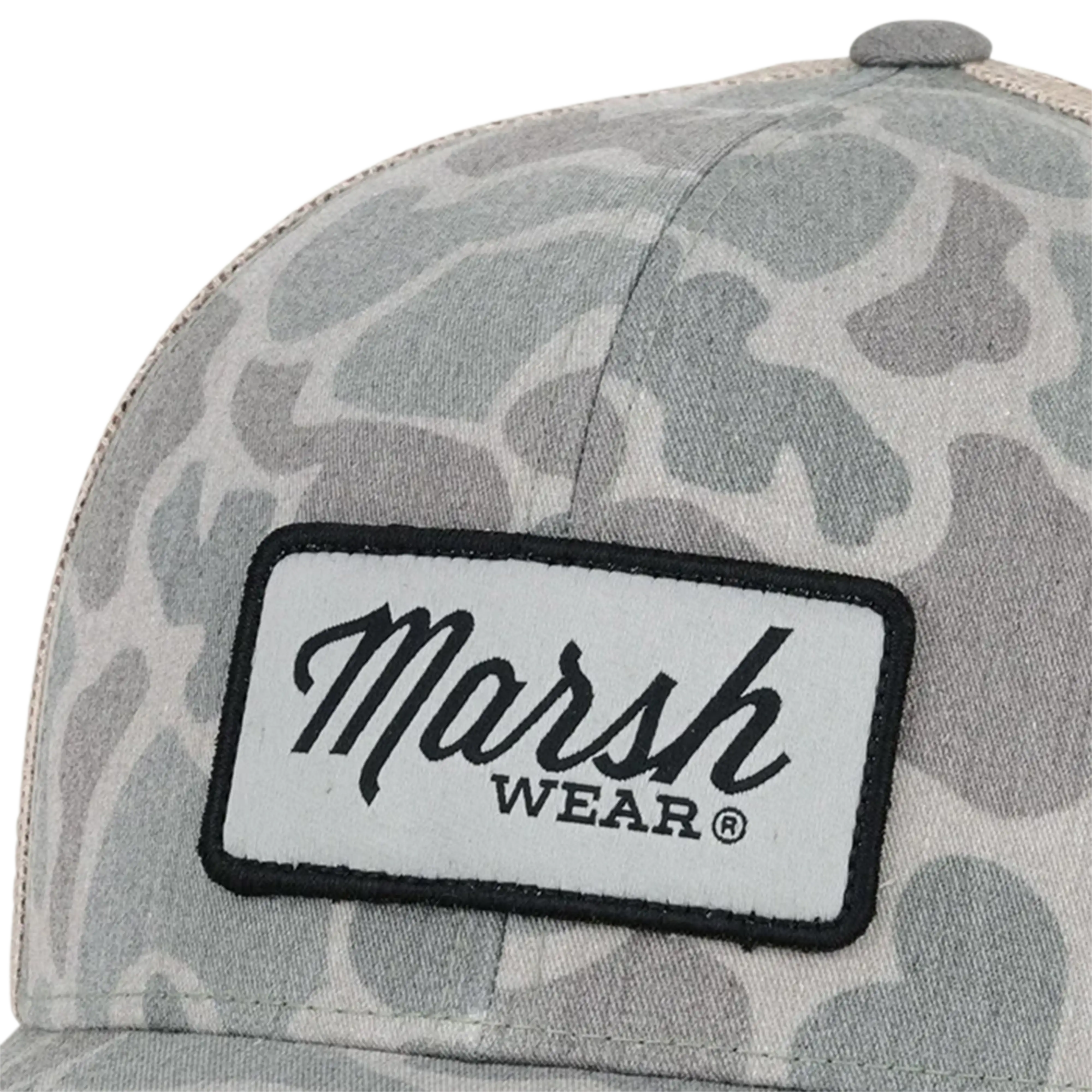Marsh Wear Script trucker hat in Dark Green Mallard Camo - logo