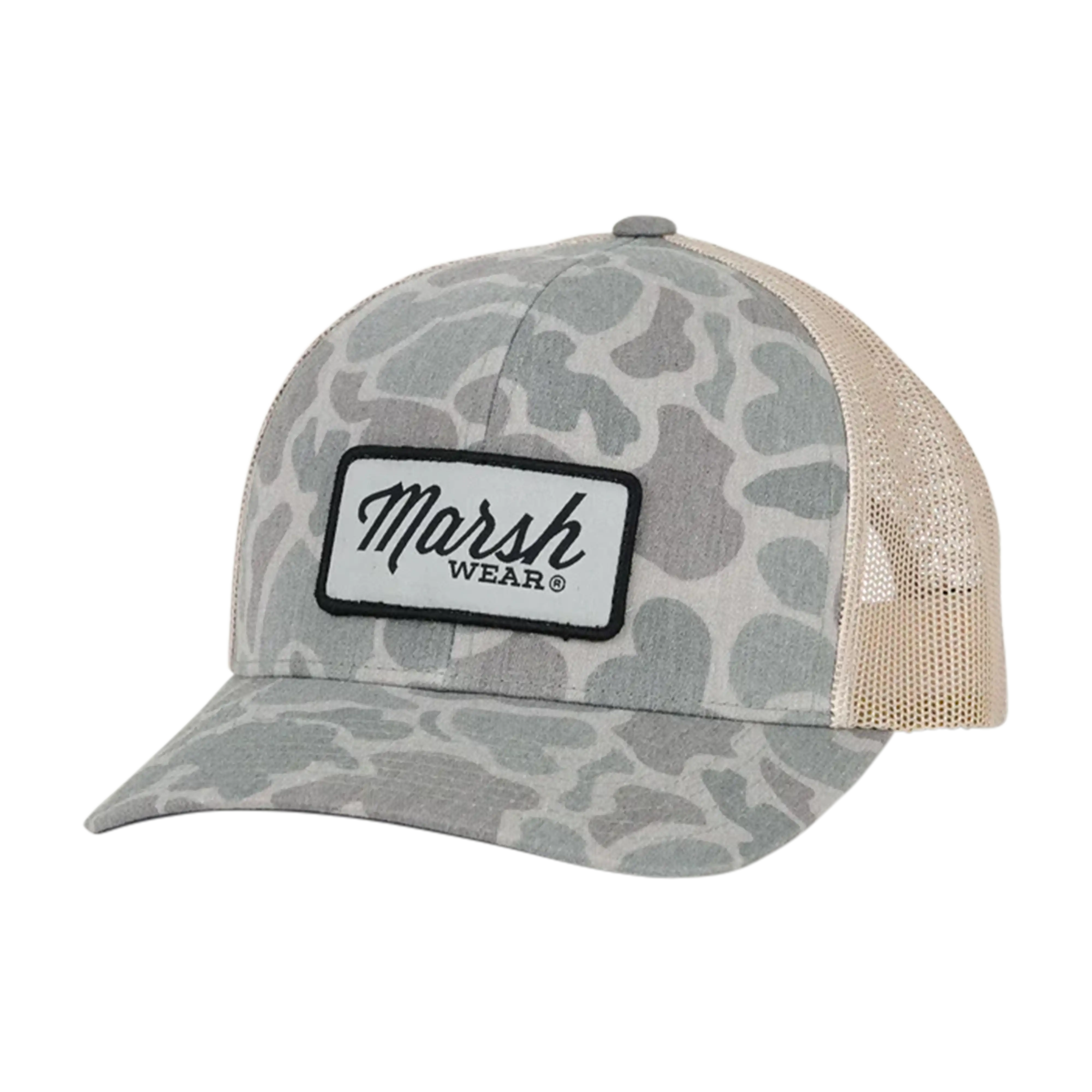 Marsh Wear Script trucker hat in Dark Green Mallard Camo