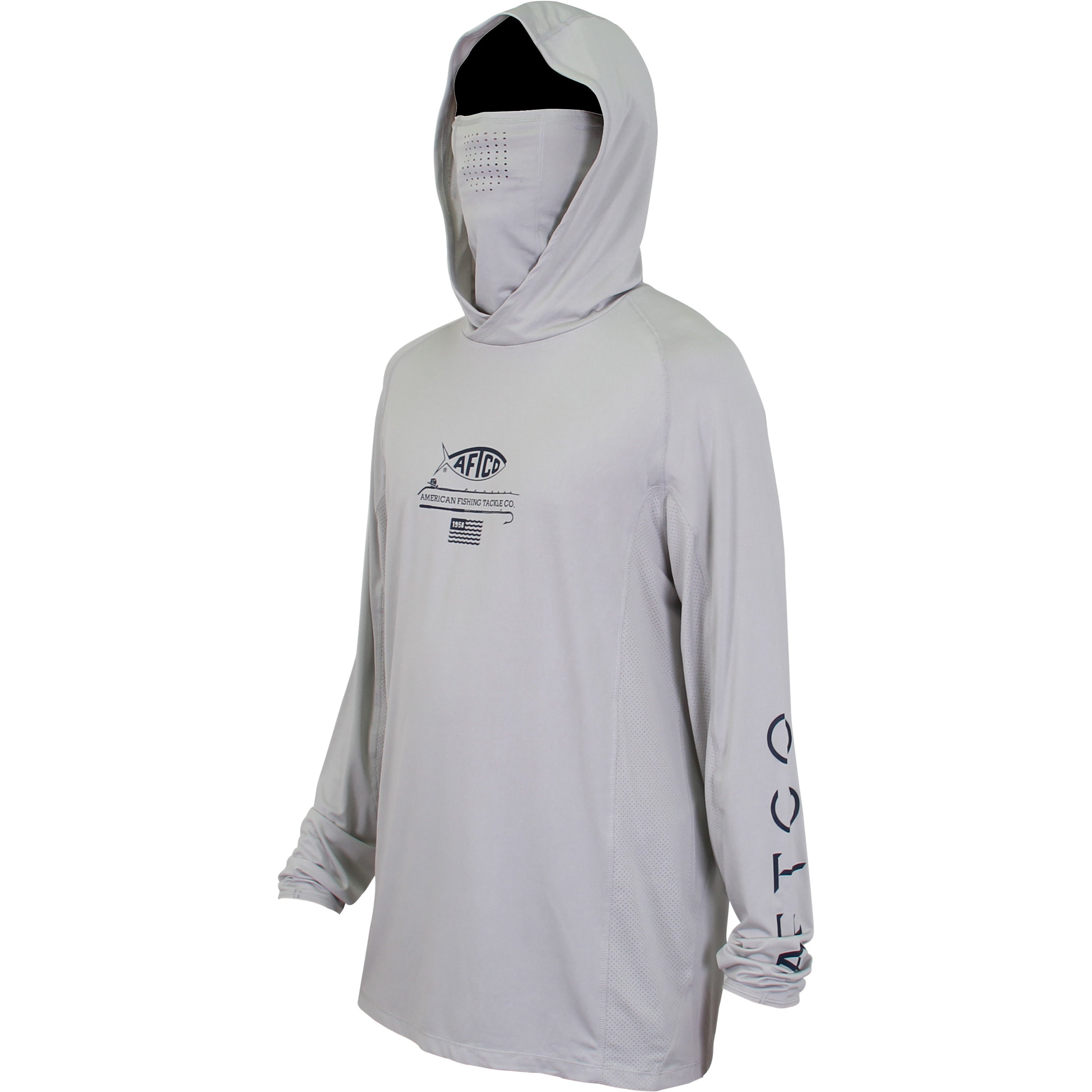 AFTCO Men's Barracuda Geo Cool Hooded LS Performance T-Shirt, Silver Heather / X-Large