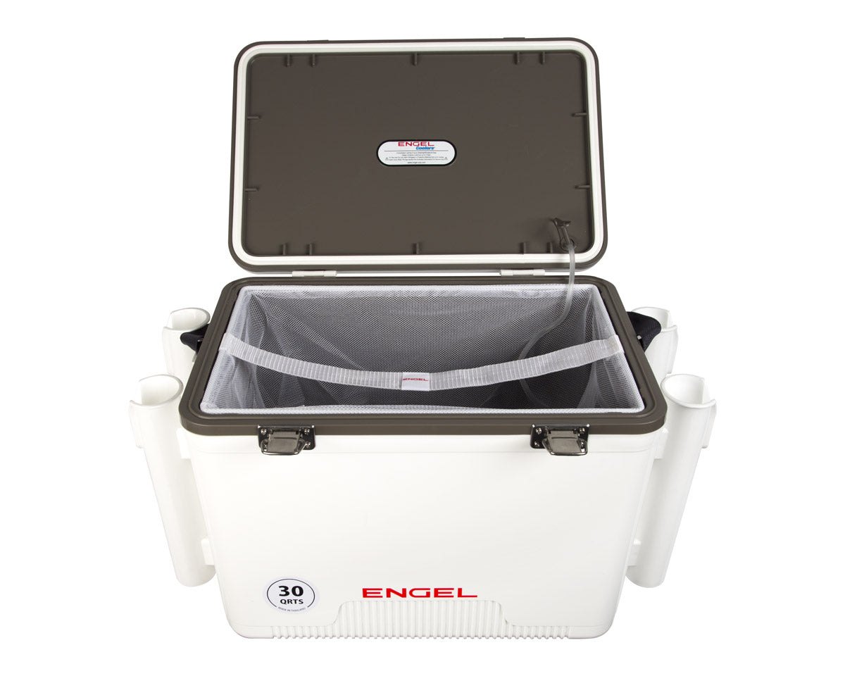 Engel 30 Qt. Live Bait Dry Box/Cooler w/ Rod Holders - White