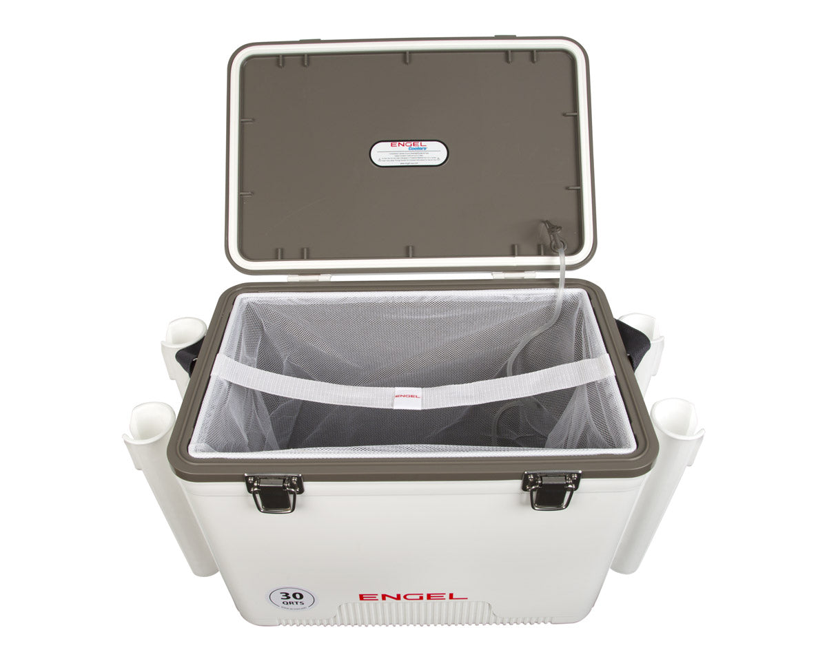 Engel 30 Qt. Live Bait Dry Box/Cooler w/ Rod Holders - White