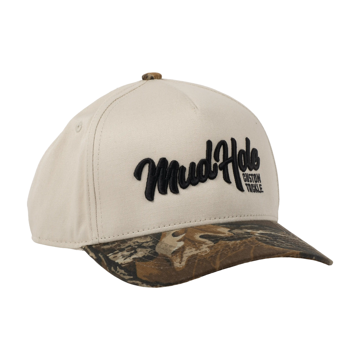Mud Hole Hat Embroidered Two Tone, cream top and woodland camo bill