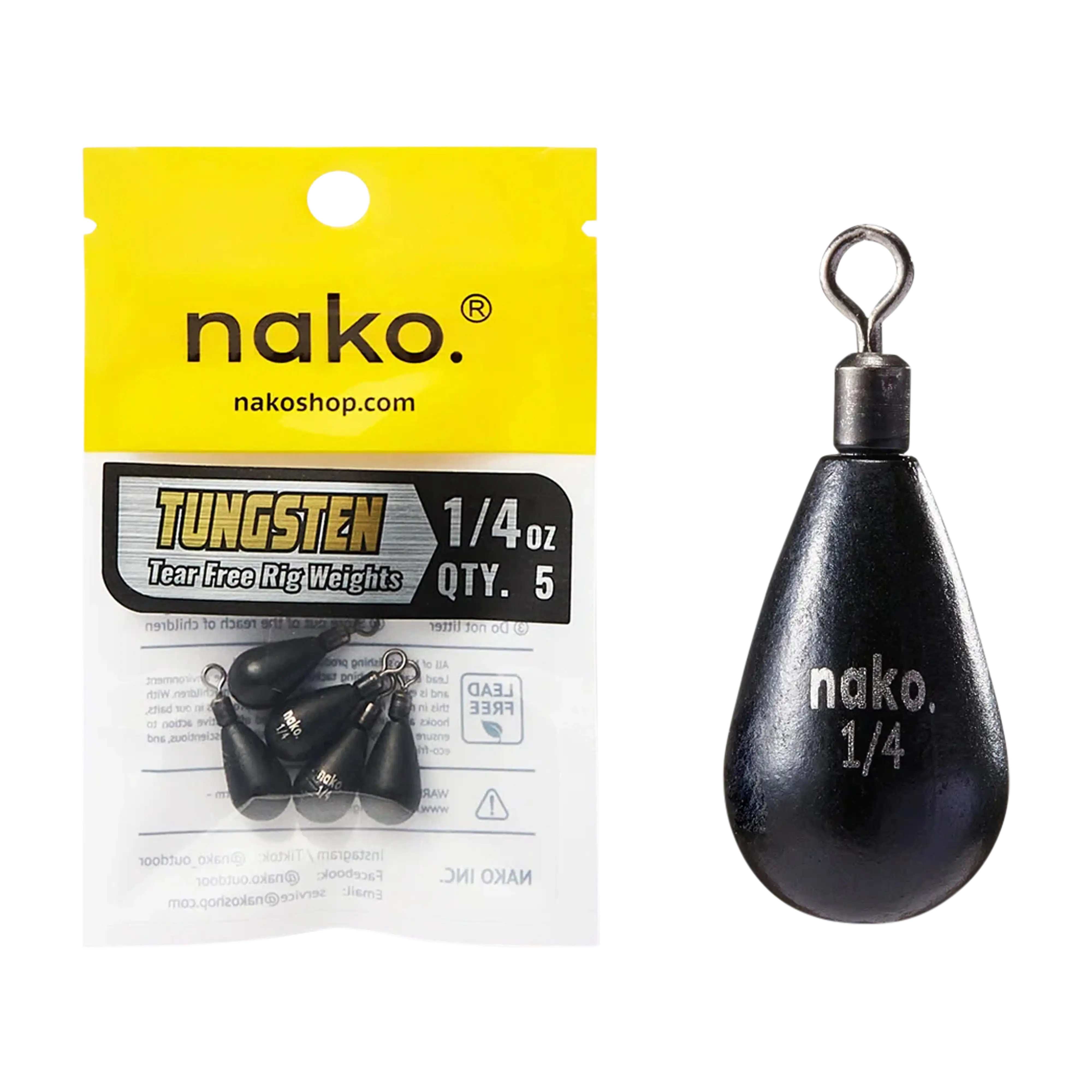 Nako Tungsten Teardrop Free Rig Weights - 5pk