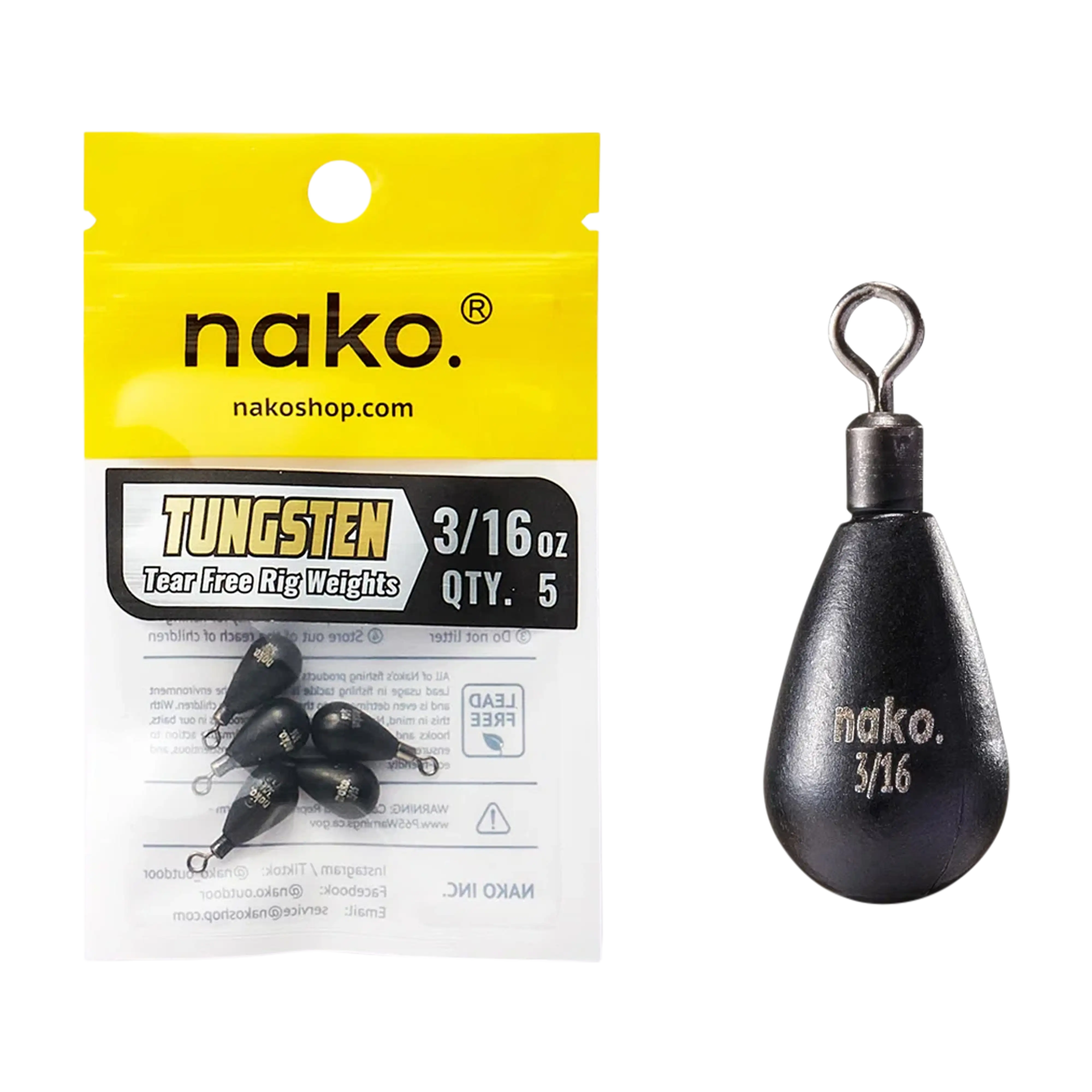 Nako Tungsten Teardrop Free Rig Weights - 5pk