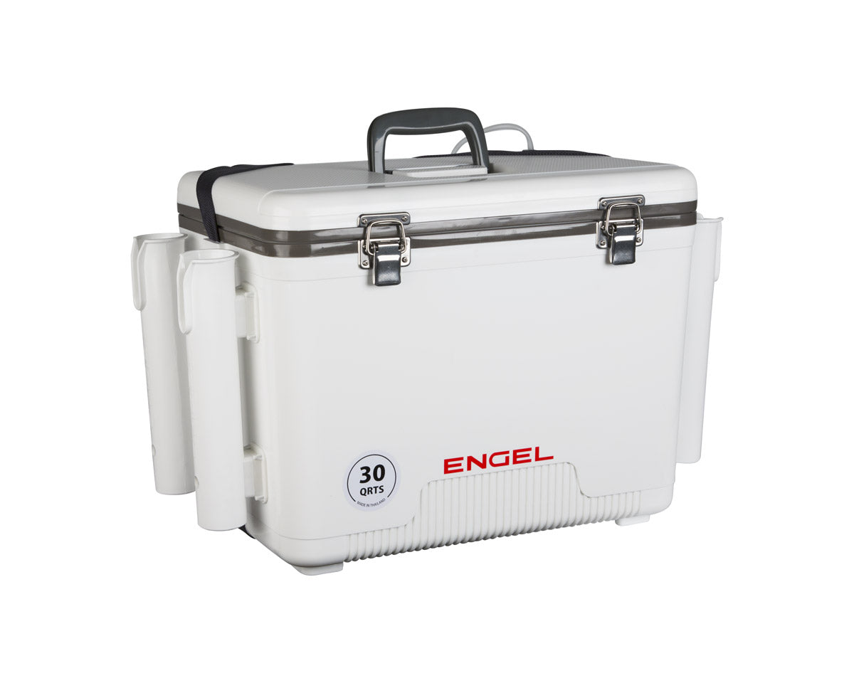 Engel 30qt Live Bait Cooler Box With 2nd Gen 2-Speed Portable Aerator Pump And 4 X Fishing Rod Holder Attachments Fishing Bait Station And Minnow